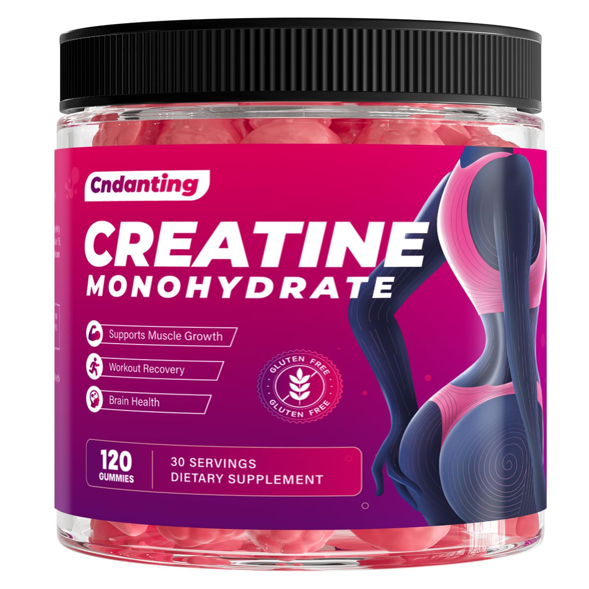 CNDANTING Creatine Gummies – flacon, énergie potentielle avant l'entraînement.