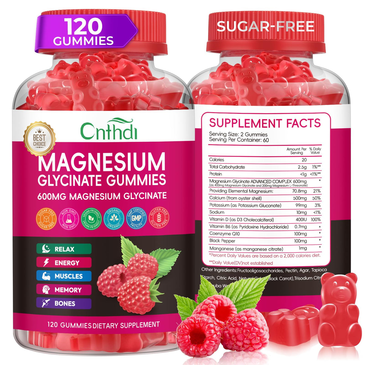 CNFHDI gommes magnésium 600mg, flacon pratique pour l'apport quotidien.