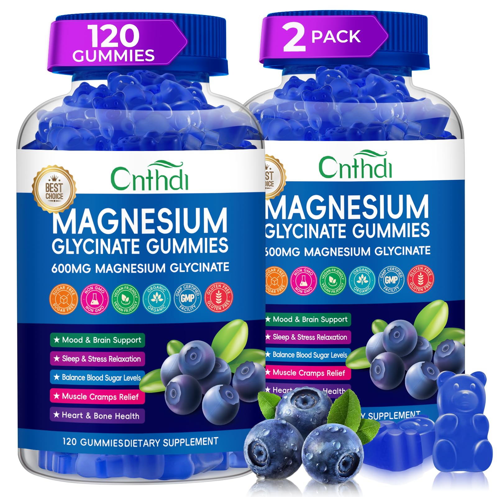 CNFHDI gommes magnésium glycinate 600mg – bouteille pratique pour le repos et la détente.