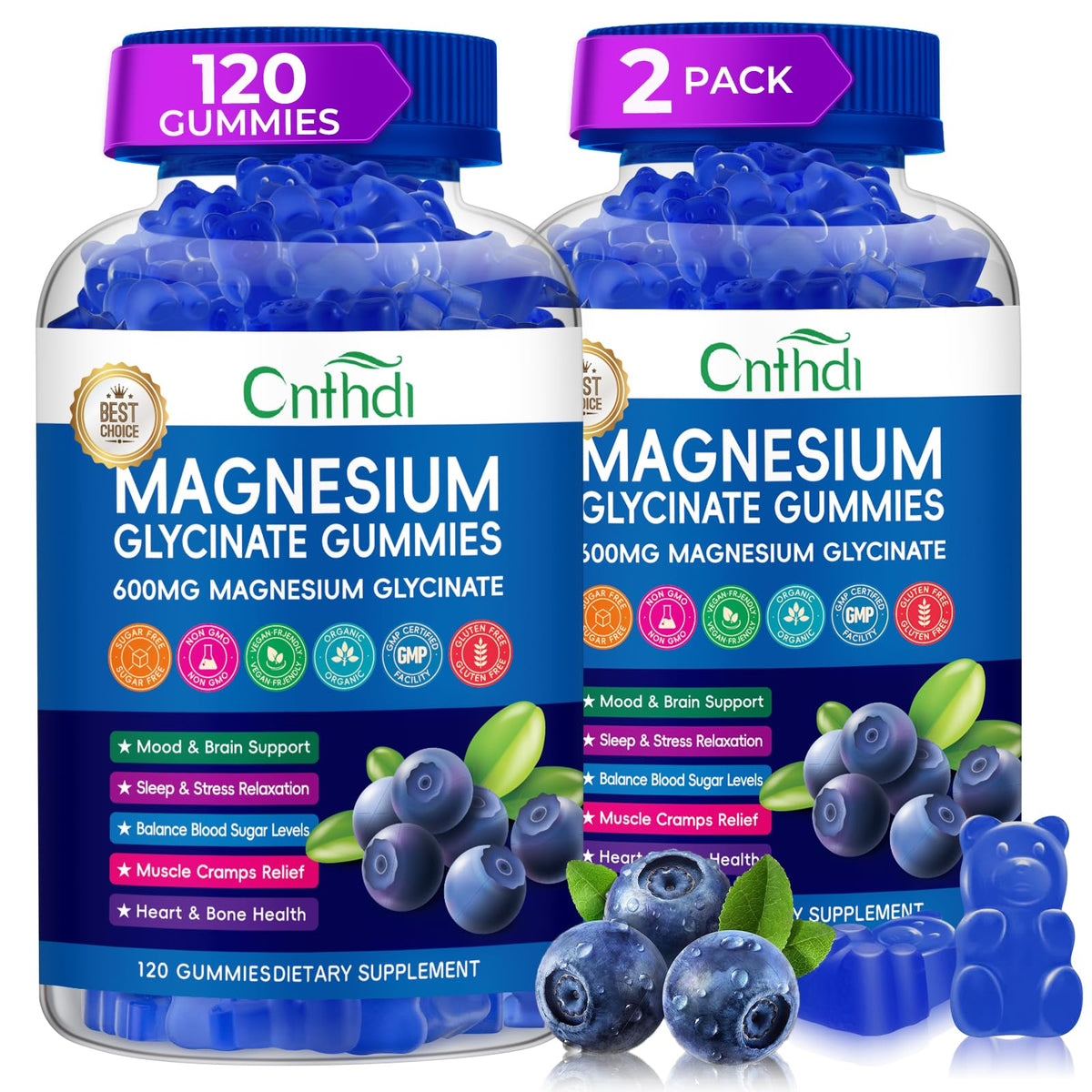 CNFHDI gommes magnésium glycinate 600mg – bouteille pratique pour le repos et la détente.