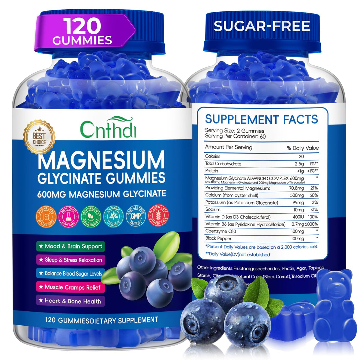 CNFHDI Gommes Magnesium Glycinate 600 mg, bouteille pour détente potentielle et sommeil.