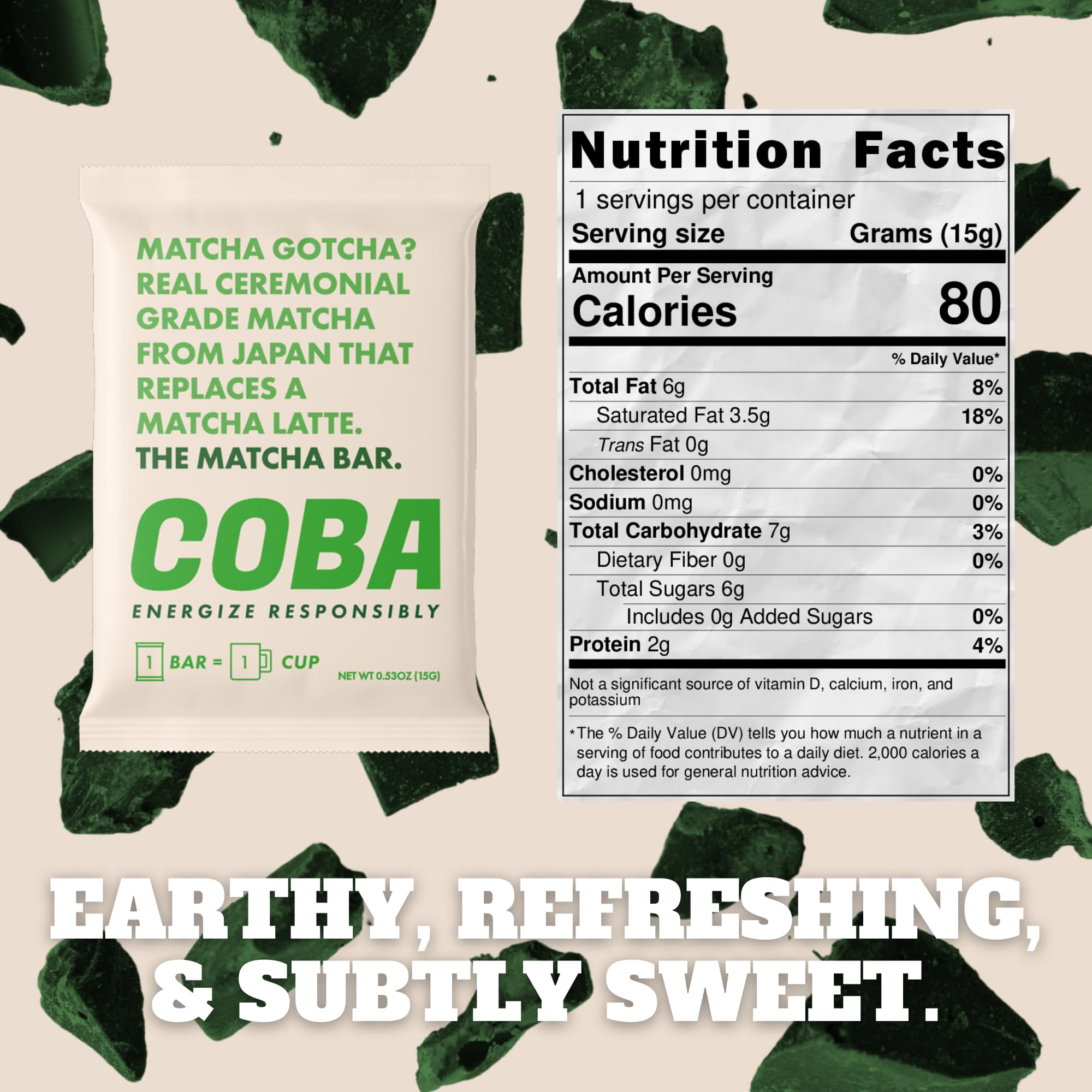 COBA Chocolat Caféiné – barre matcha; antioxydants et moment zen.