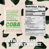COBA Chocolat Caféiné – barre matcha; antioxydants et moment zen.