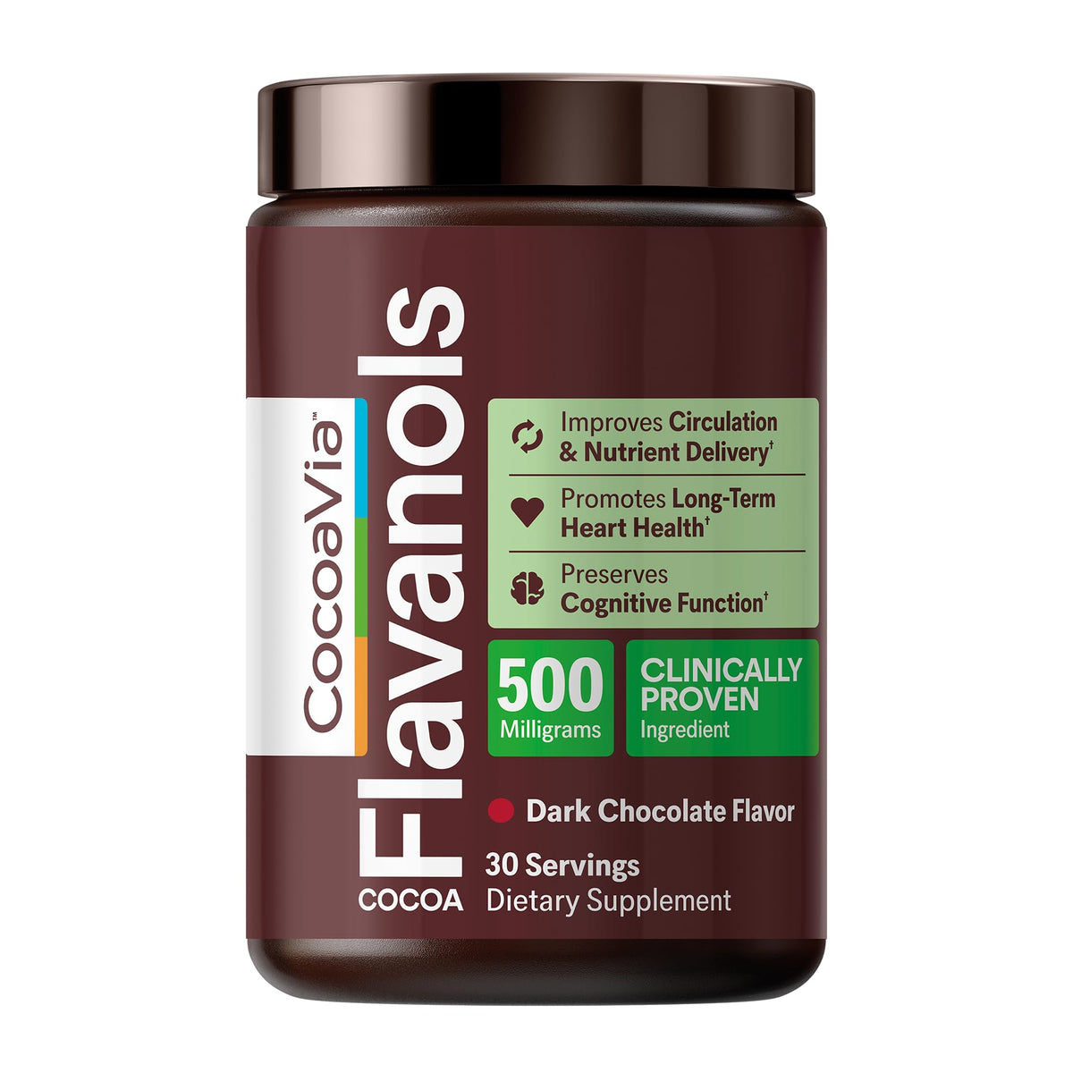 CocoaVia Cardio Health – emballage, poudre cacao prête à intégrer le petit-déjeuner