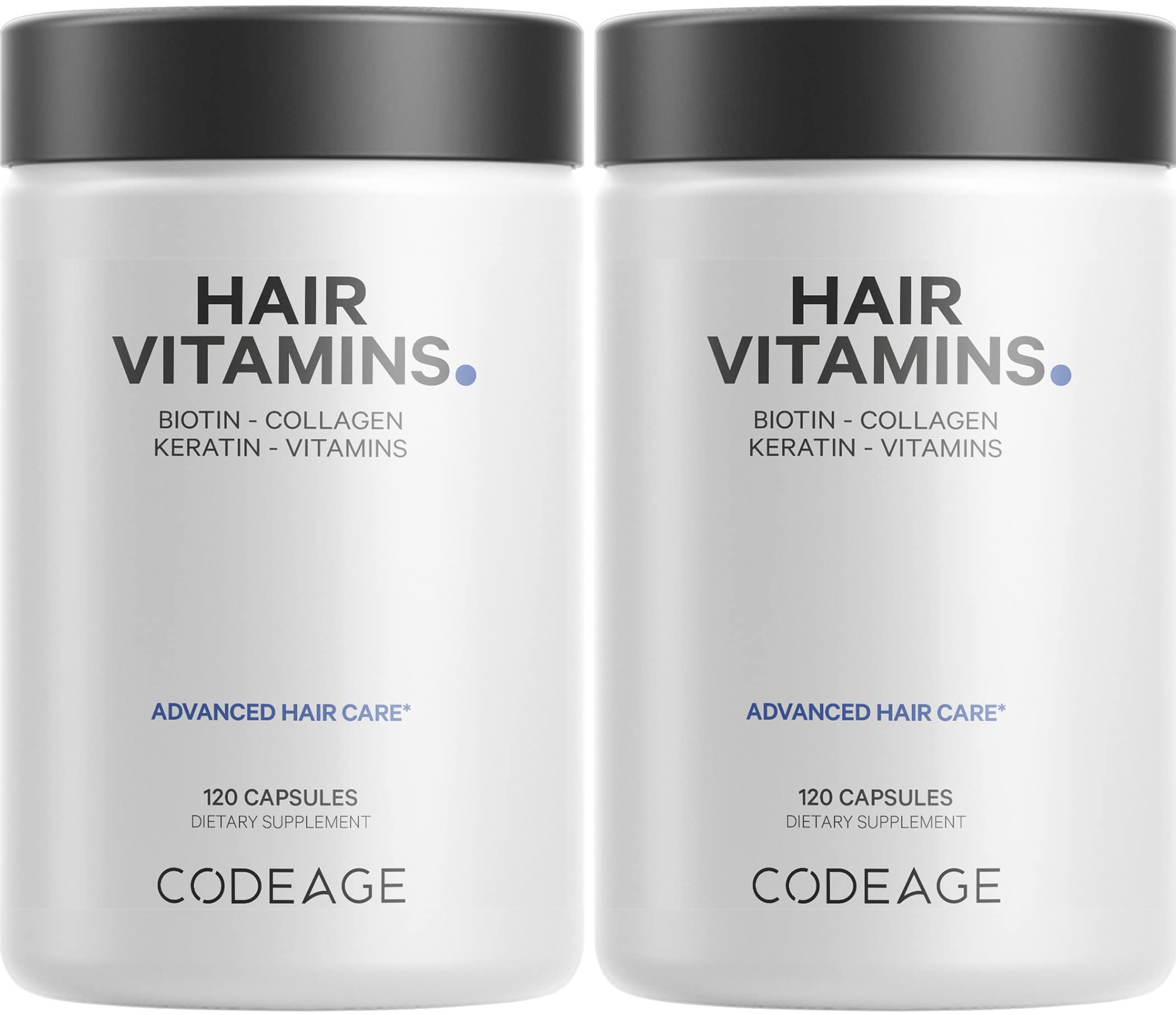 Codeage Cheveux: bouteille montrant le complément potentiel pour cheveux forts et éclatants.