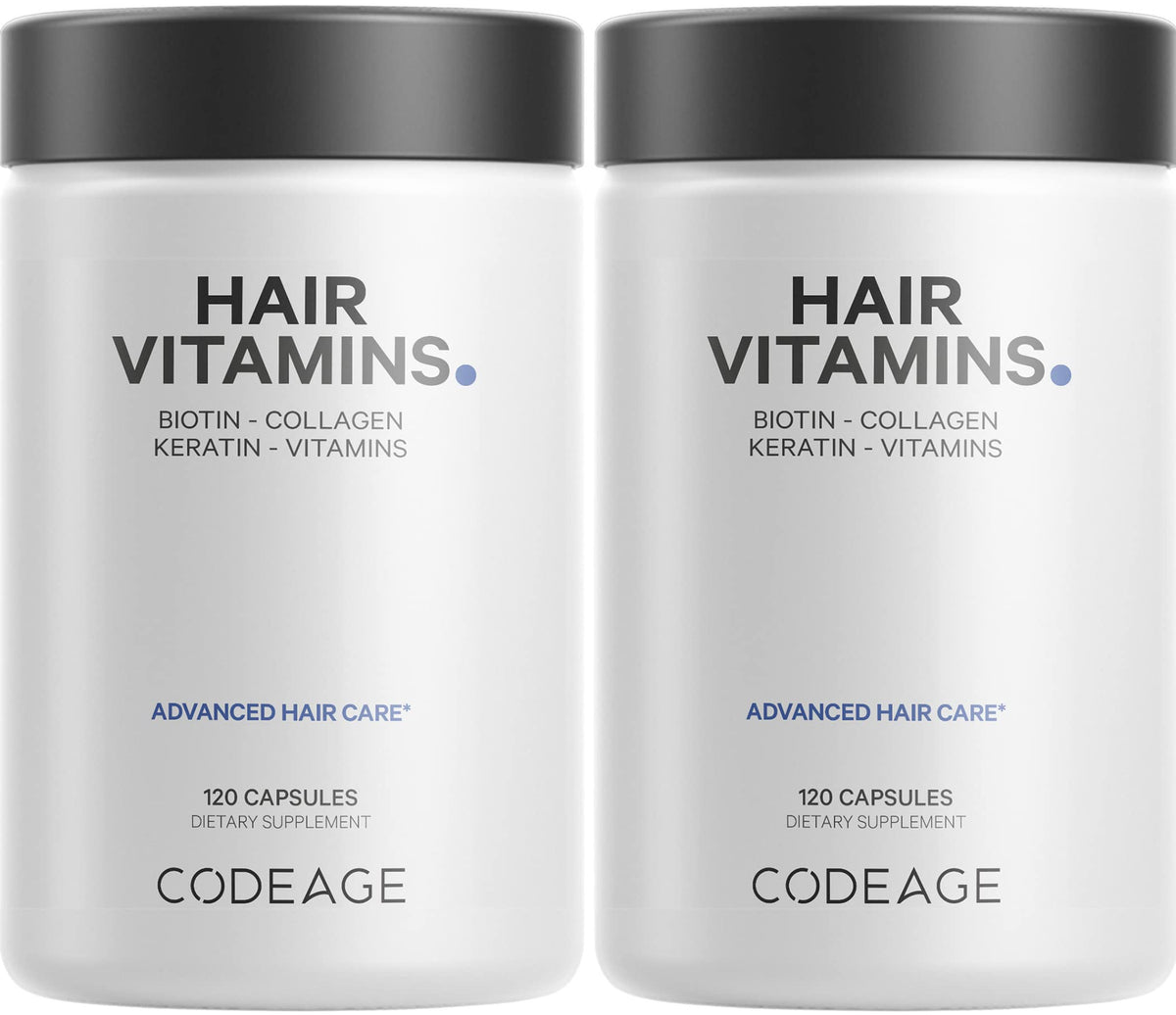Codeage Cheveux: bouteille montrant le complément potentiel pour cheveux forts et éclatants.