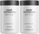 Codeage Cheveux: bouteille montrant le complément potentiel pour cheveux forts et éclatants.