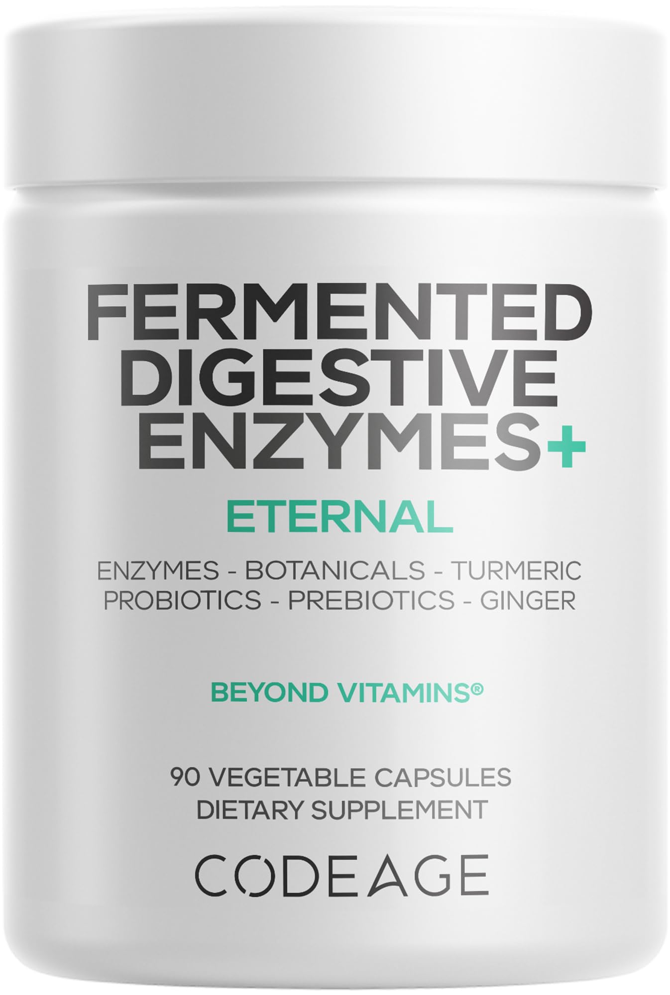 Codeage enzymes digestives fermentees, bouteille visible, soutien potentiel a la digestion quotidienne.