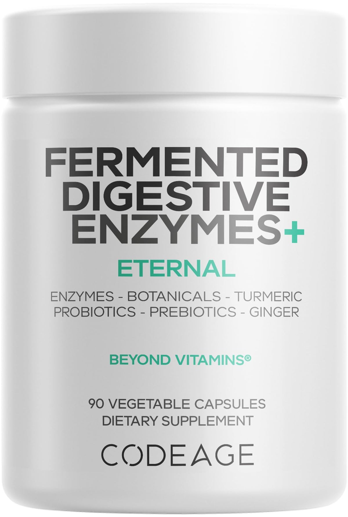 Codeage enzymes digestives fermentees, bouteille visible, soutien potentiel a la digestion quotidienne.