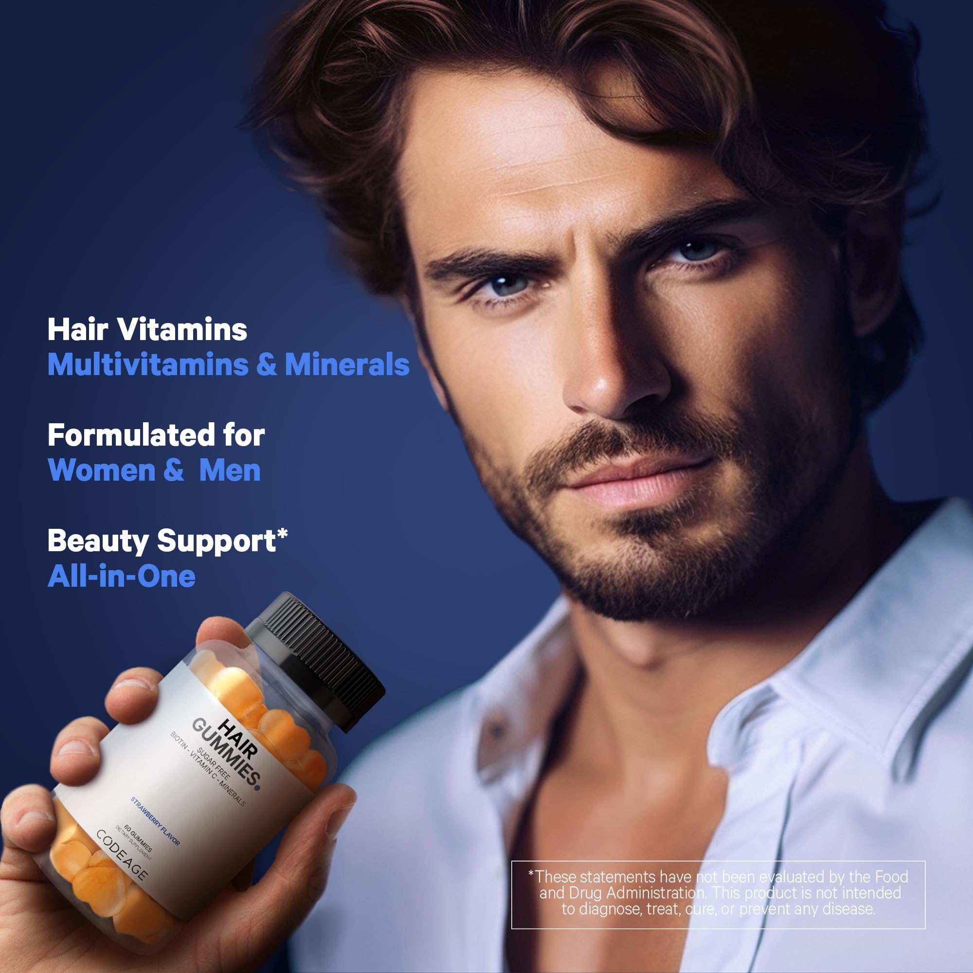 Codeage gommes capillaires sans OGM, gluten et lactose, formulation inclusive.