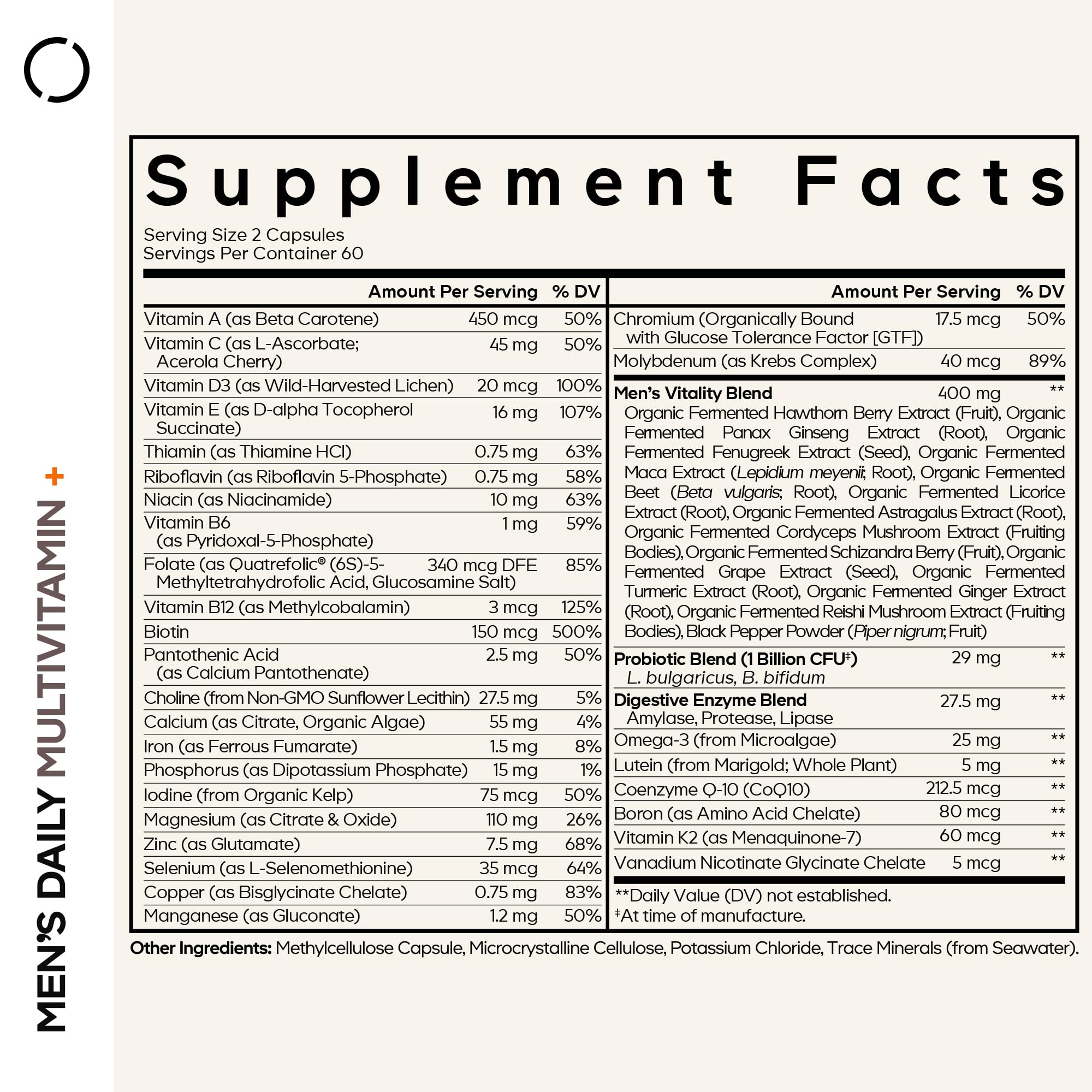 Codeage Hommes Multivitamines quotidiennes – capsules près d'un verre, prise pratique et rapide.
