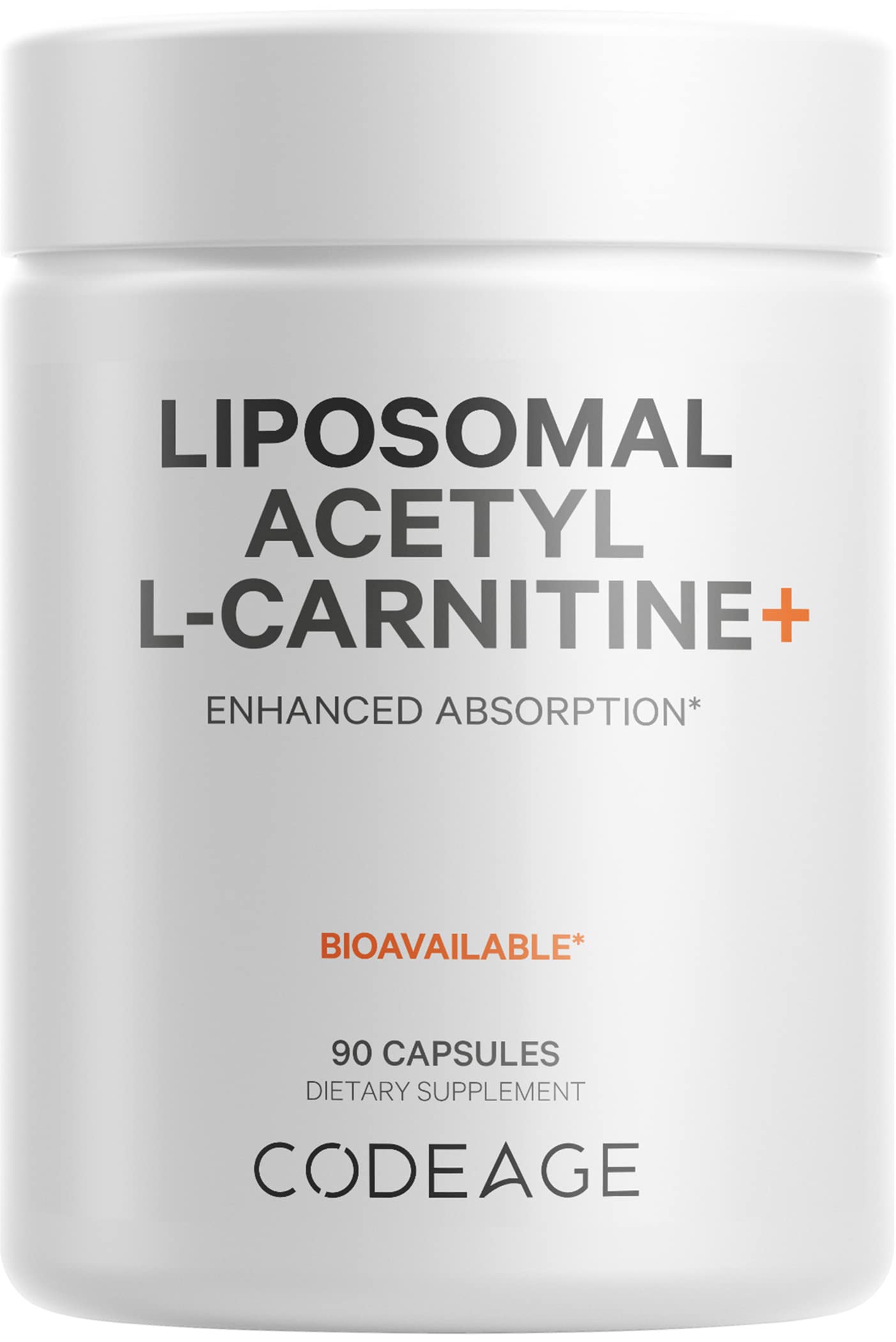 Codeage Liposomal Acetyl-L-Carnitine, bouteille et gélules, absorption liposomale potentielle.