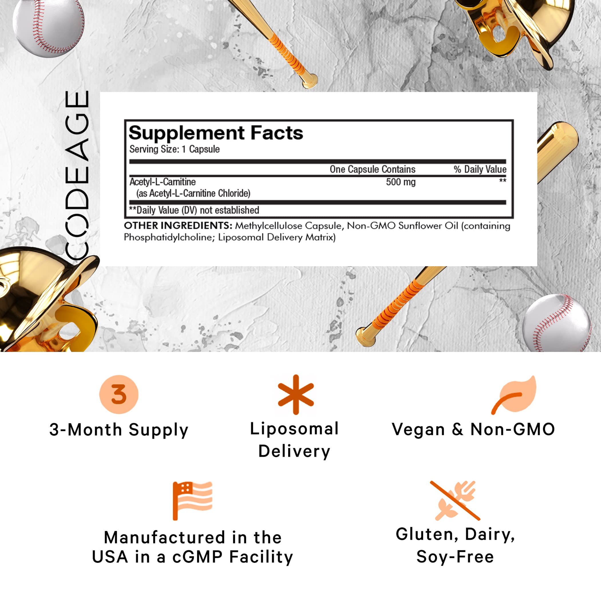 Codeage Liposomal Acetyl-L-Carnitine, gélules avec dosage 500 mg par portion.