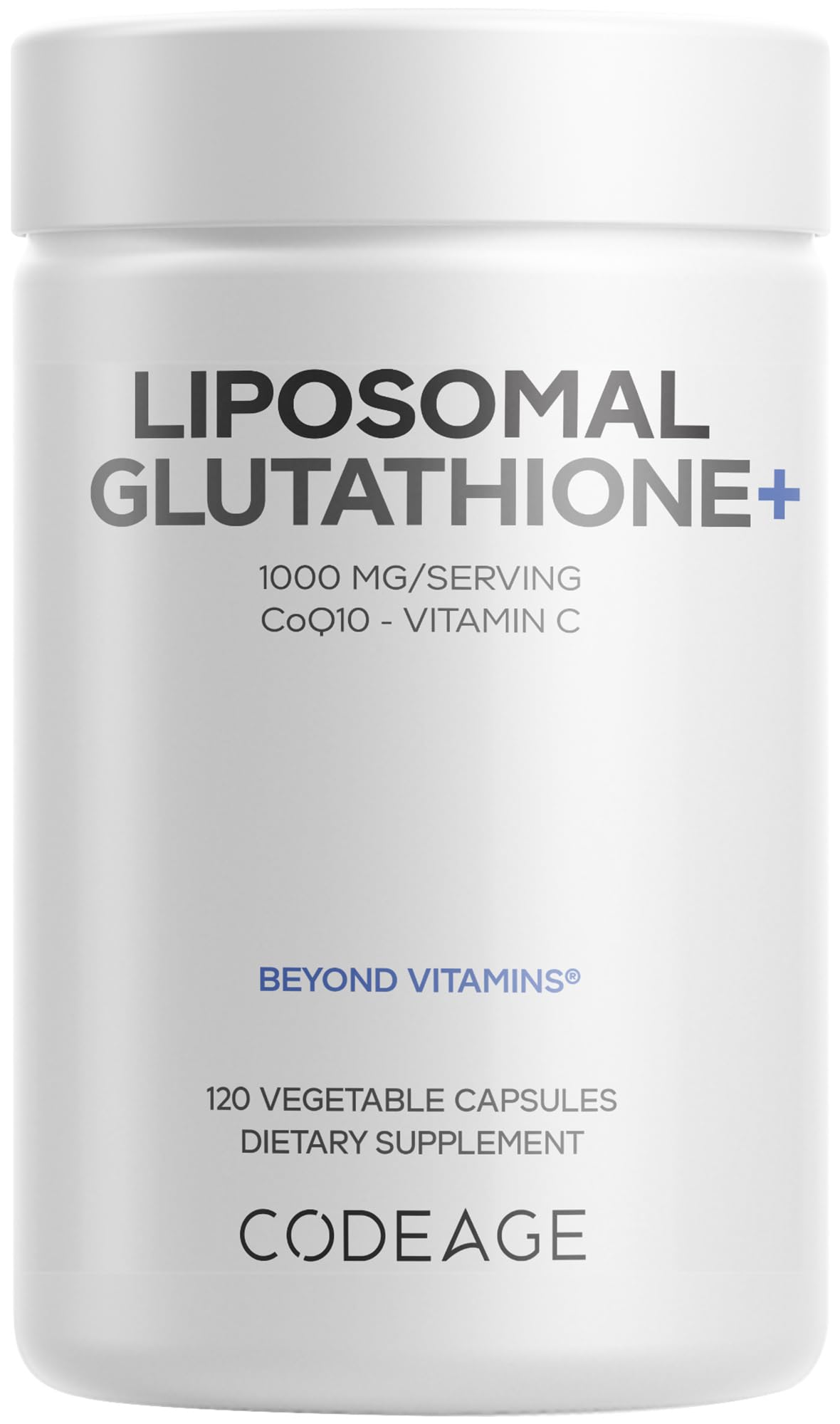 Codeage Liposomal Glutathione, bouteille de capsules, soutien antioxydant quotidien potentiel.