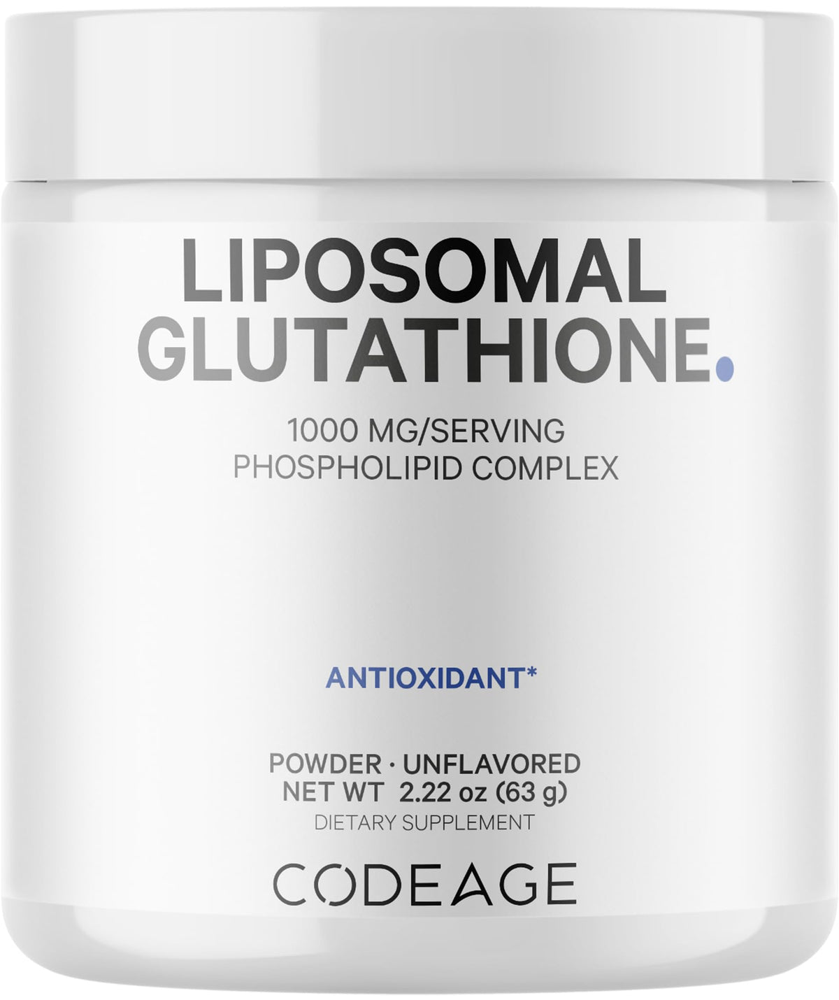 Codeage Glutathion Liposomale Poudre, bouteille compacte facilitant la supplémentation quotidienne.