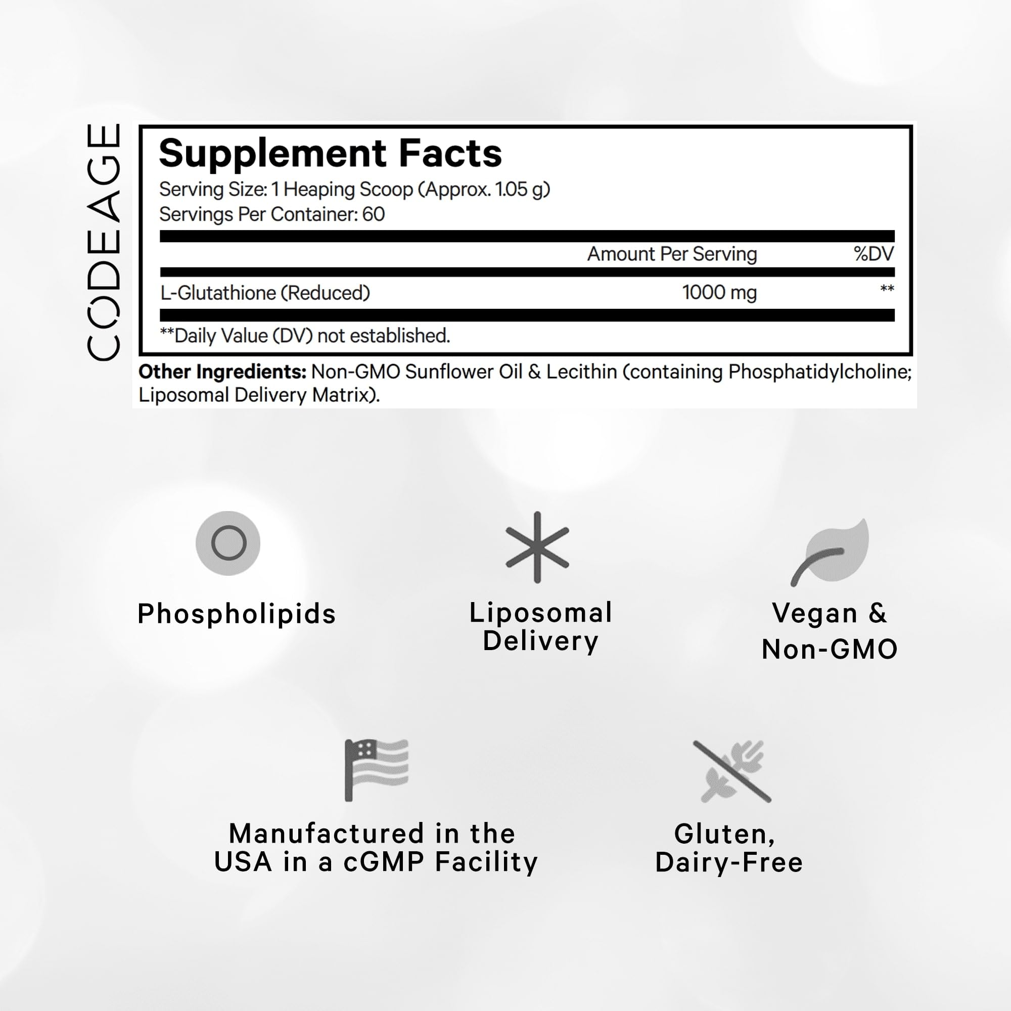 Codeage Glutathion Liposomale Poudre, dose mesurée pour un dosage précis.