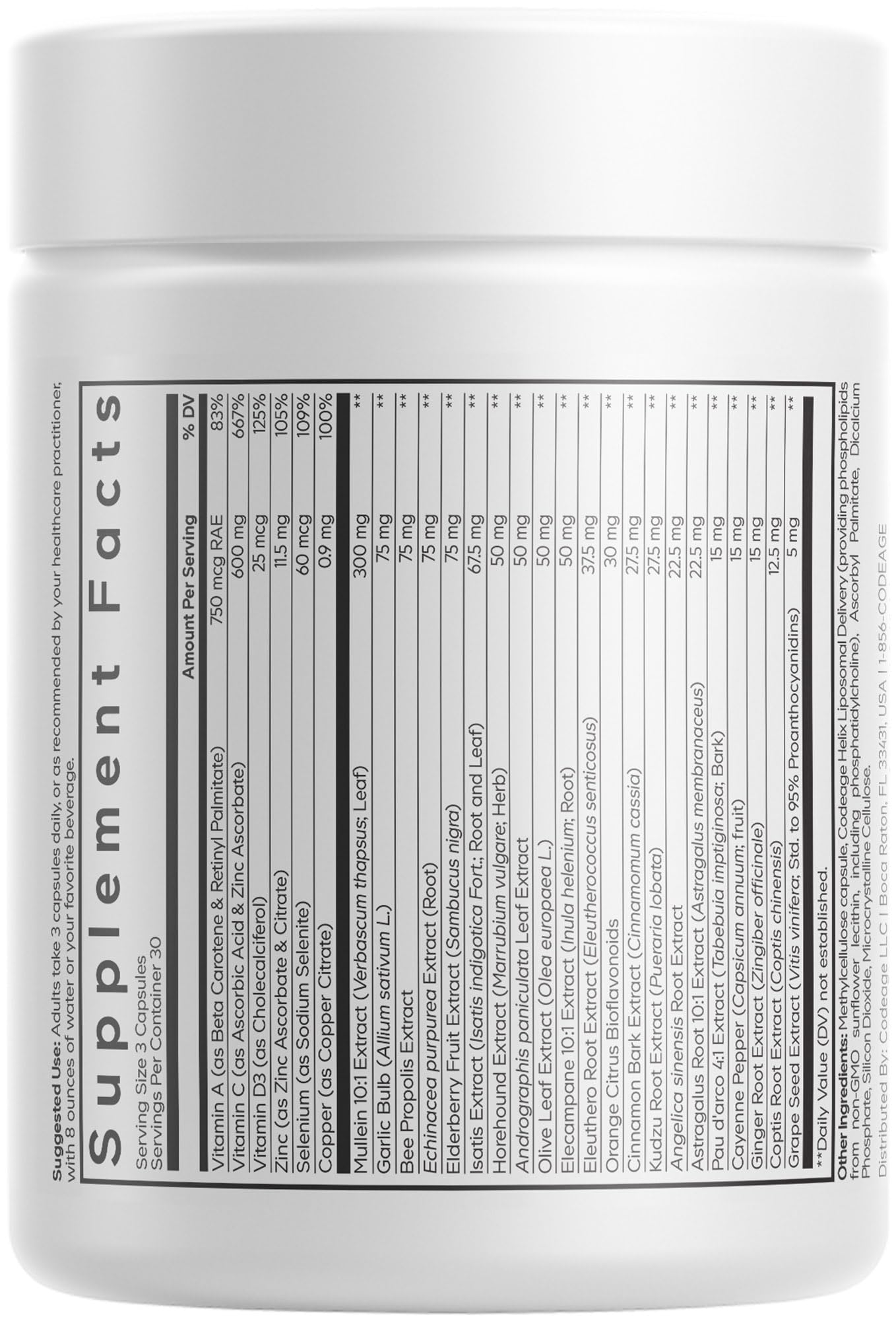 Codeage Liposomal Mullein Ultra : ingrédients essentiels pour un soutien végétal quotidien.