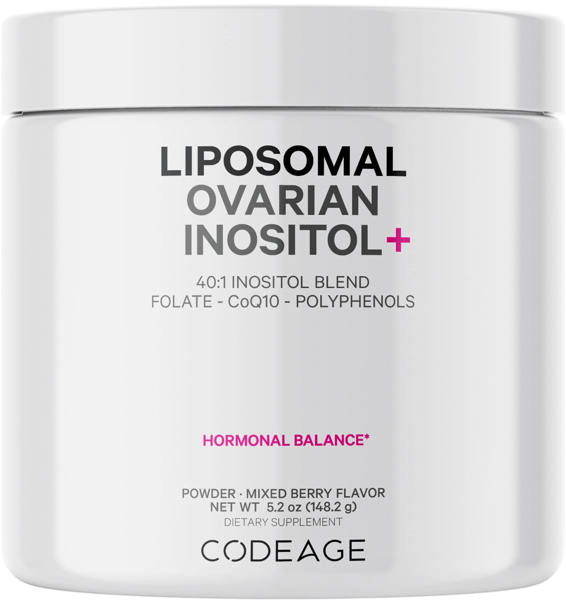 Codeage Liposomal Ovarian Inositol poudre dans bouteille pour une utilisation pratique.