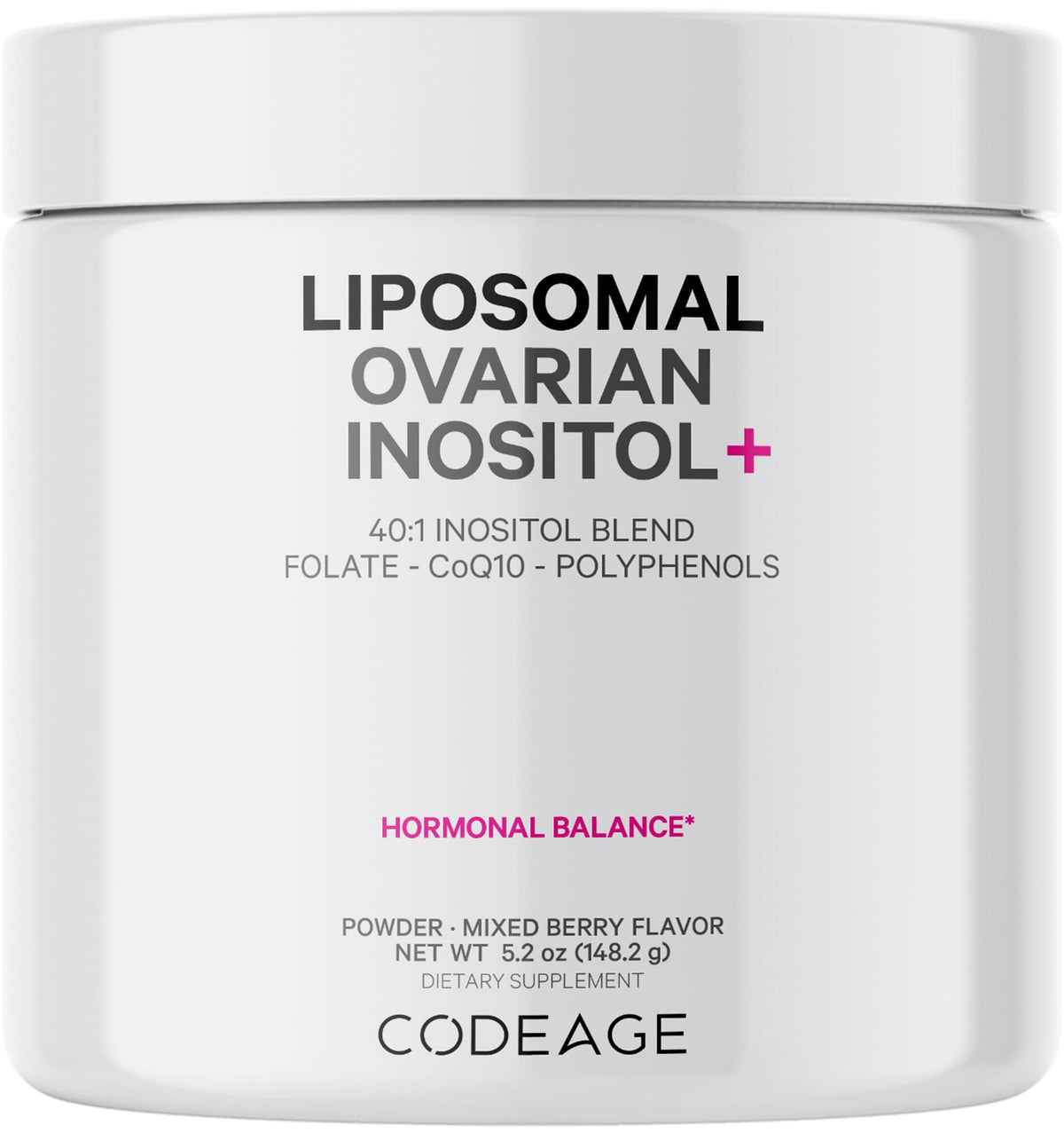 Codeage Liposomal Ovarian Inositol poudre dans bouteille pour une utilisation pratique.