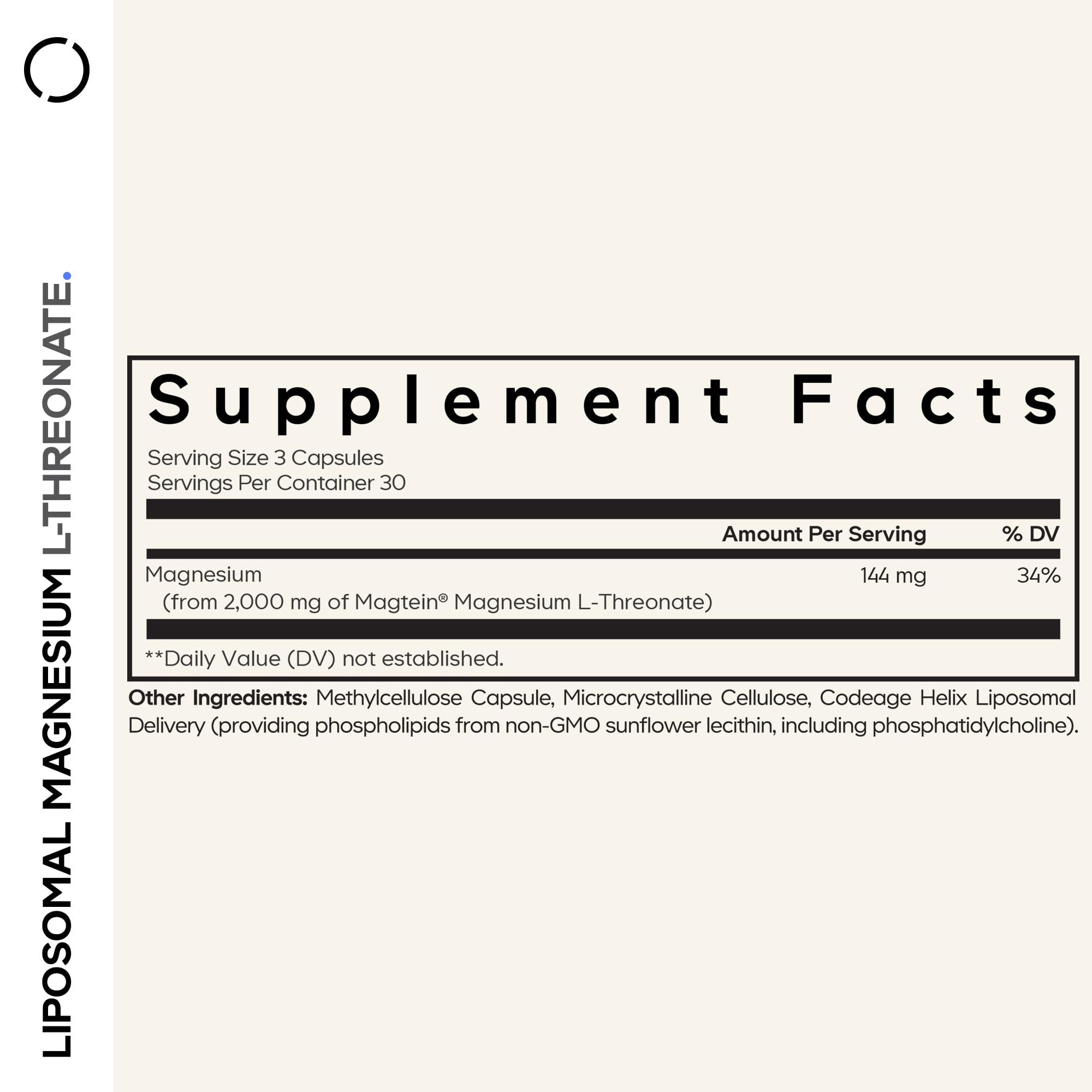Capsules Codeage magnésium L-thréonate liposomique, format pratique pour usage quotidien.