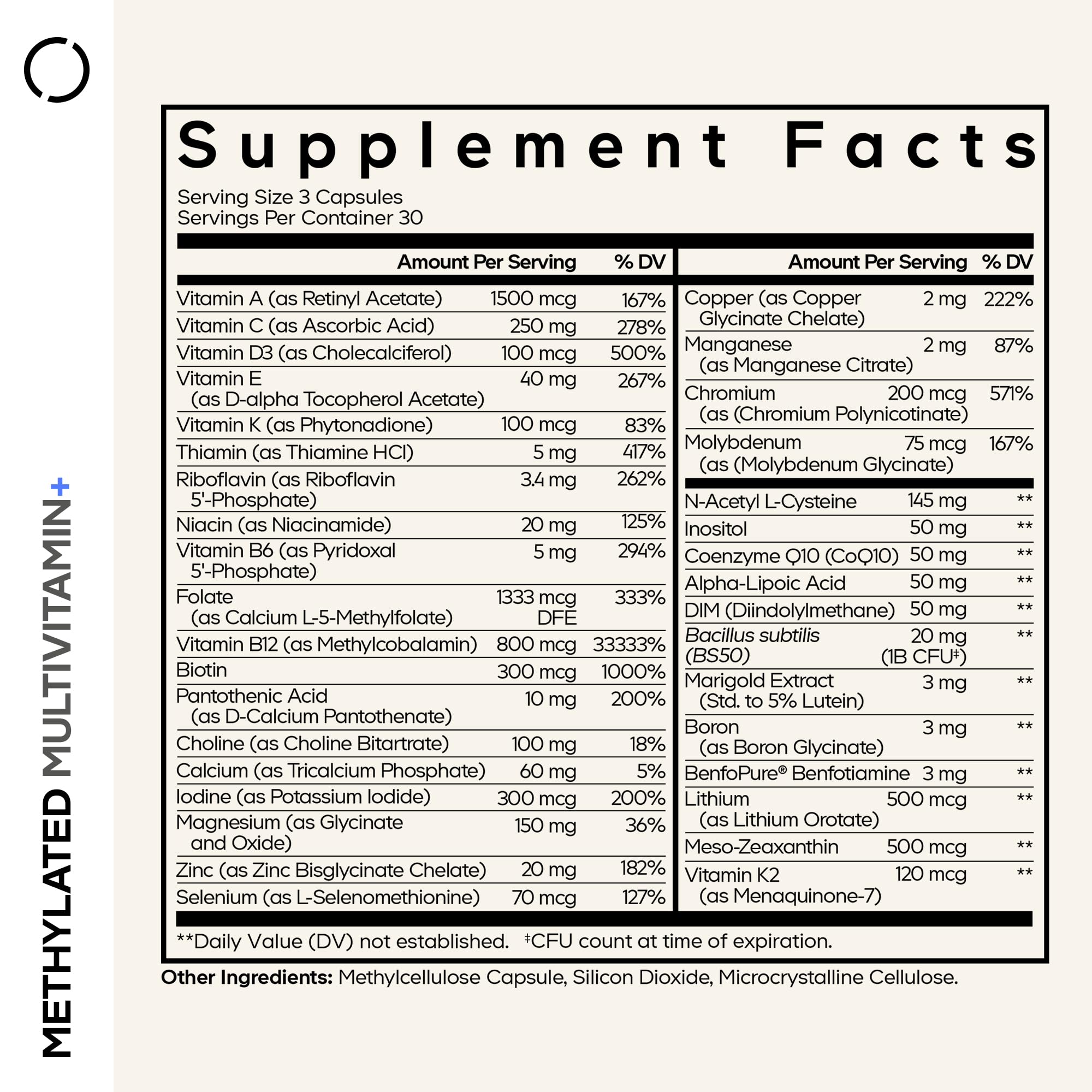 Codeage Methylated Multivitamin – Tablettes visibles montrant le format capsule
