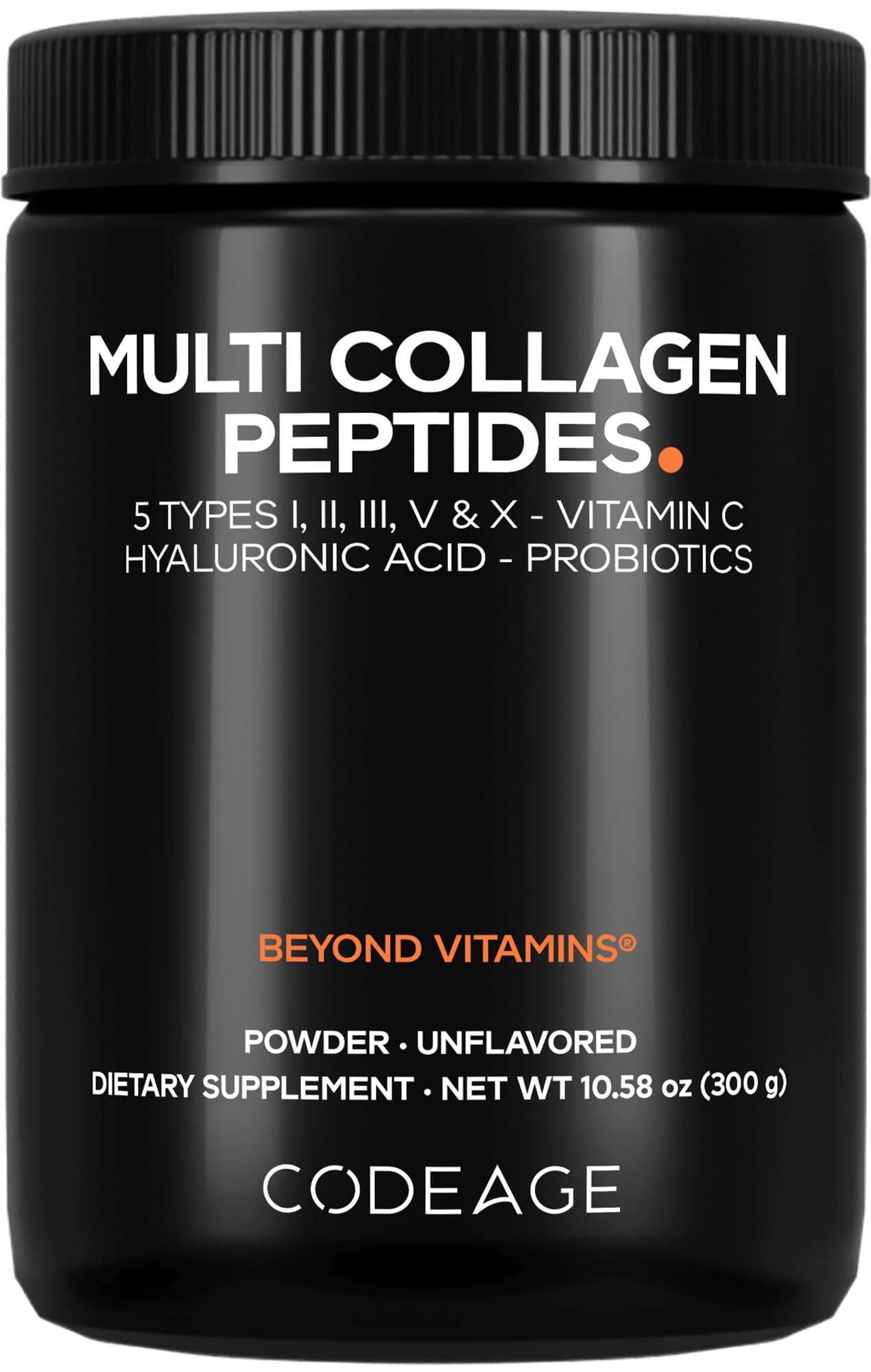 Codeage Multi Collagen Peptides Probiotics édition noire : bouteille prête à l’emploi pour routine bien-être.