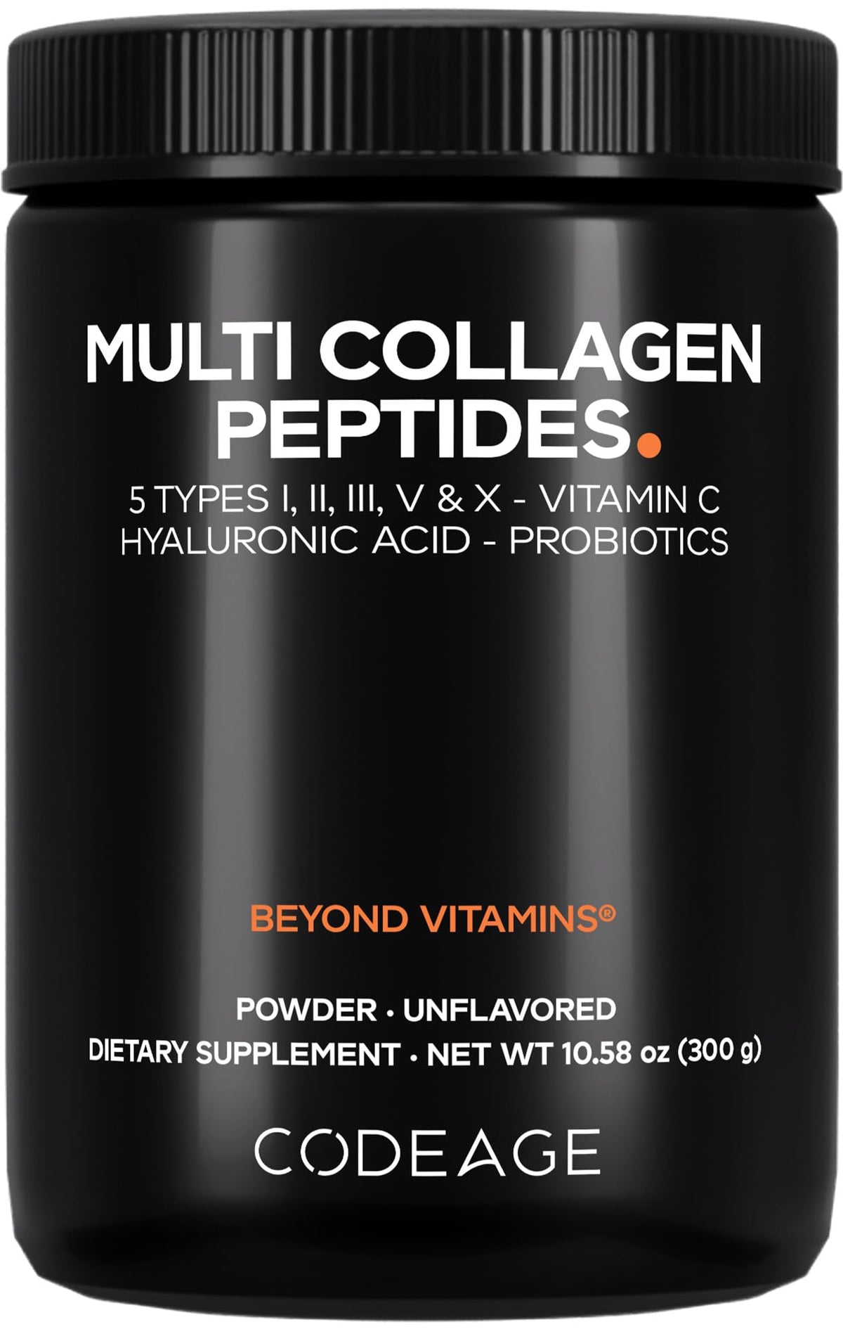 Codeage Multi Collagen Peptides Probiotics édition noire : bouteille prête à l’emploi pour routine bien-être.