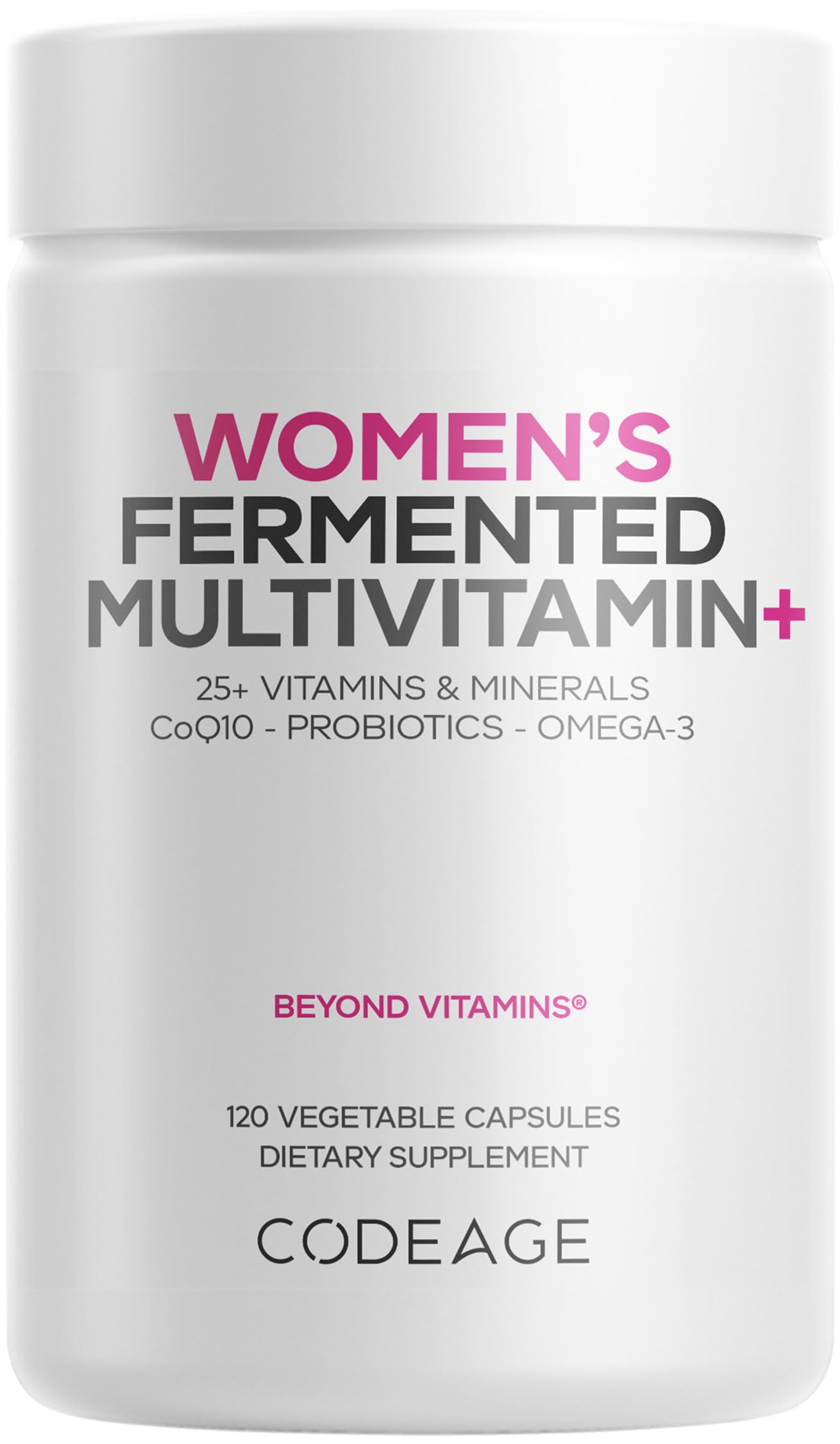 Codeage Multivitamine Quotidienne pour Femmes — Bouteille élégante de capsules soutenant la routine quotidienne.