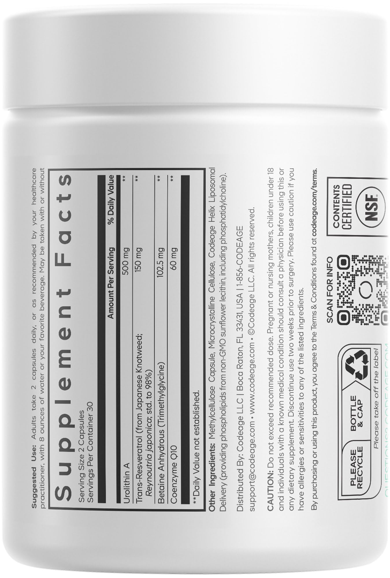 Codeage Liposomal Urolithin A – emballage végane sans gluten et sans lactose.