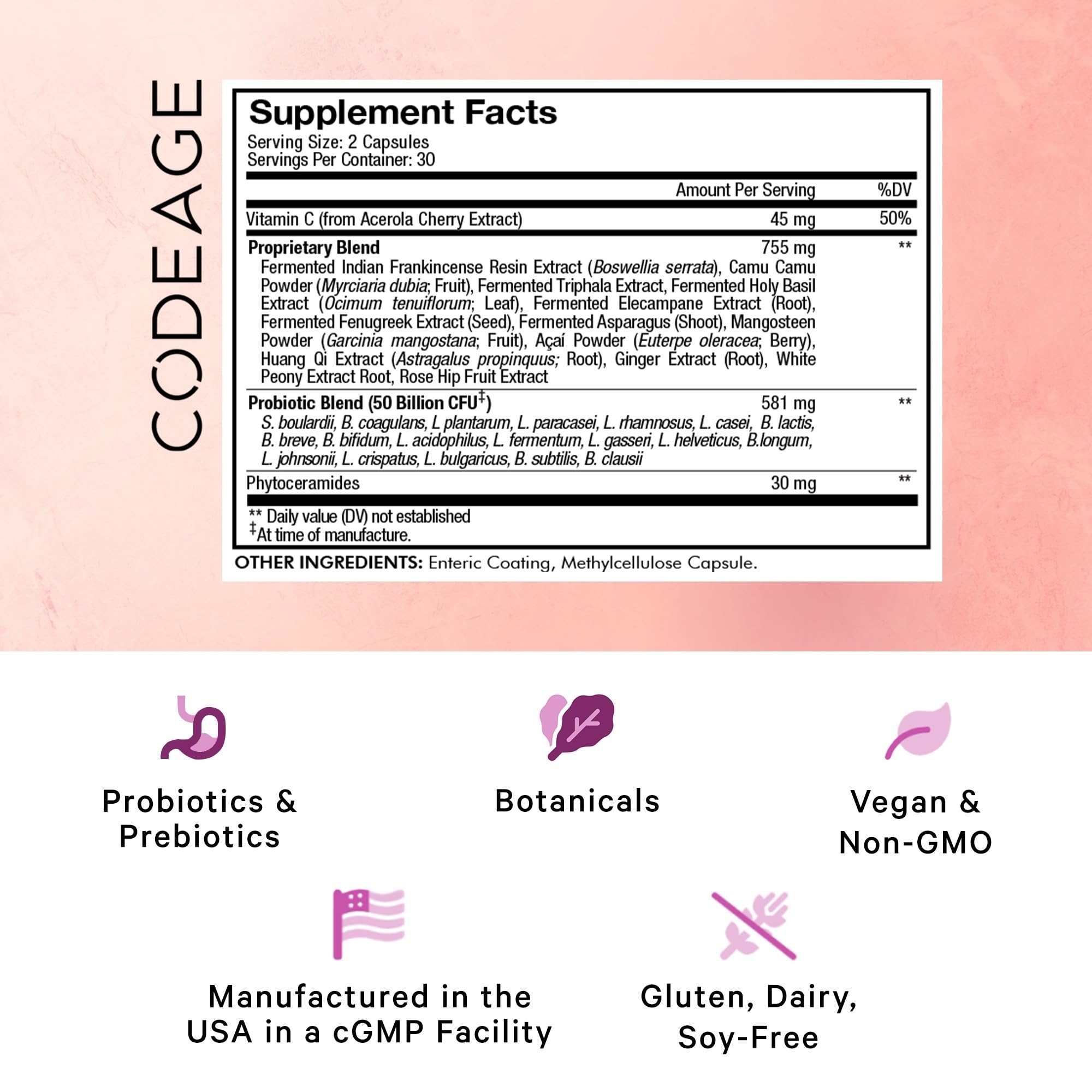 Codeage Skin Probiotics: étiquette claire sans allergènes, mentionnant 50 milliards CFU et végétalien