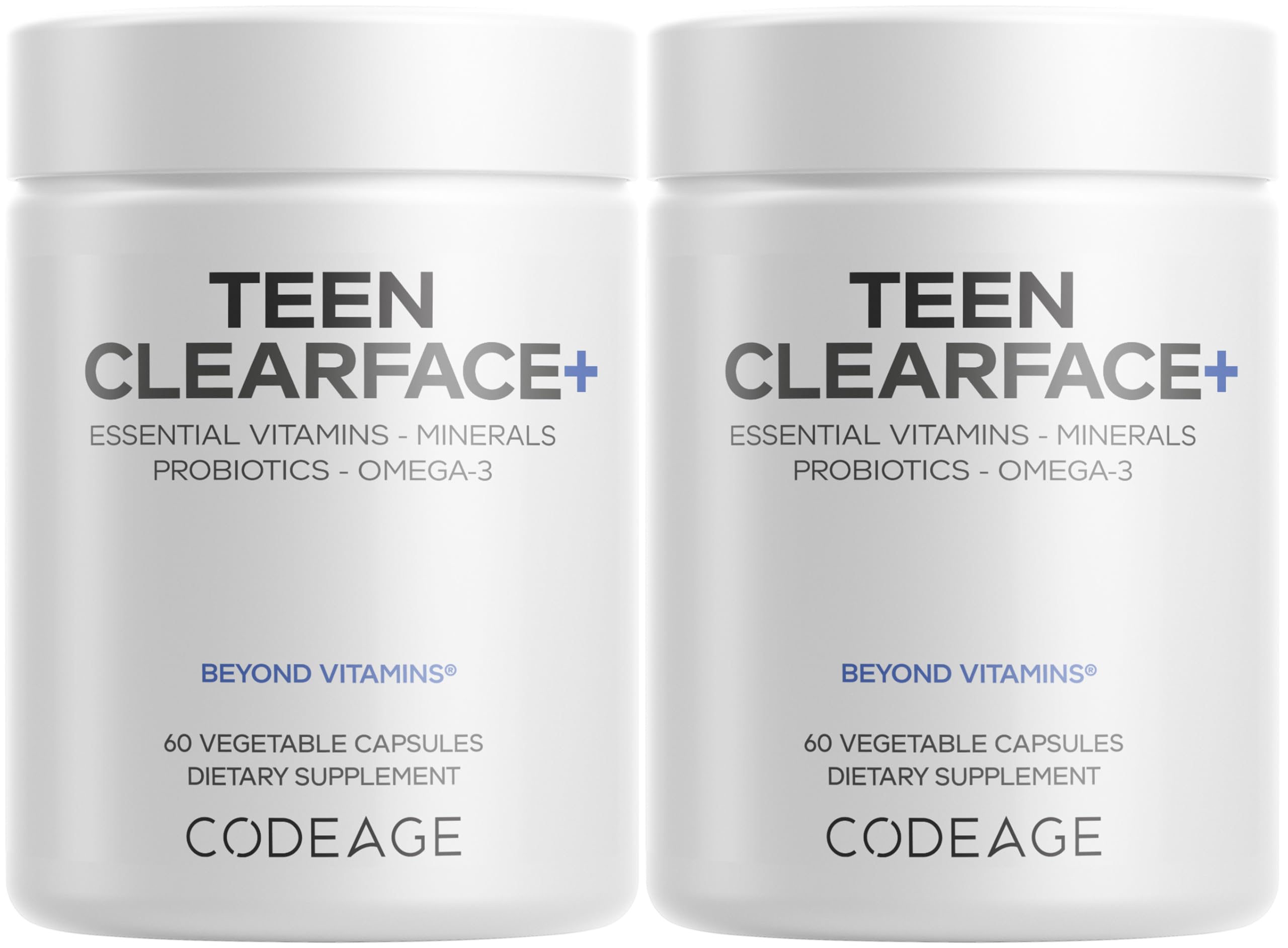 Codeage Teen Clearface – bouteille et étiquette montrant une formule adaptée aux adolescents et à la routine peau.