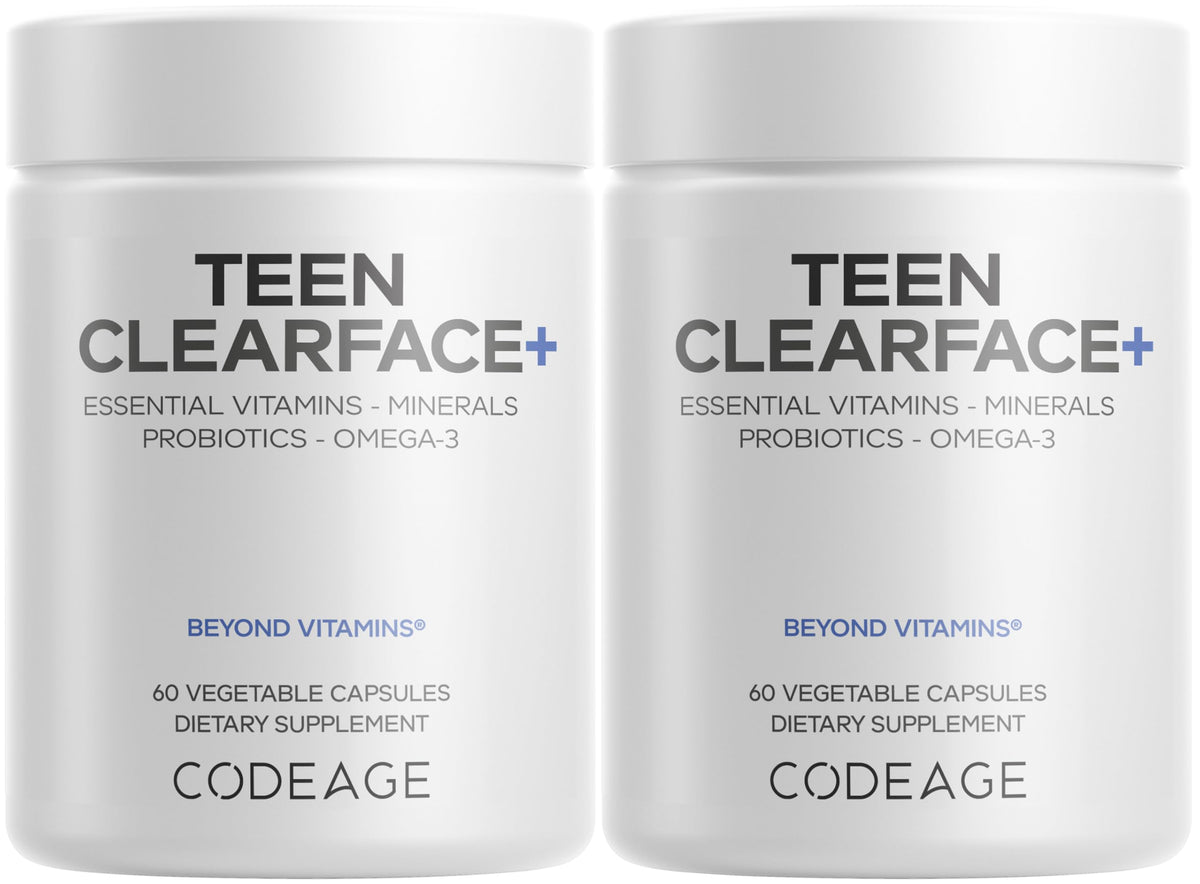 Codeage Teen Clearface – bouteille et étiquette montrant une formule adaptée aux adolescents et à la routine peau.