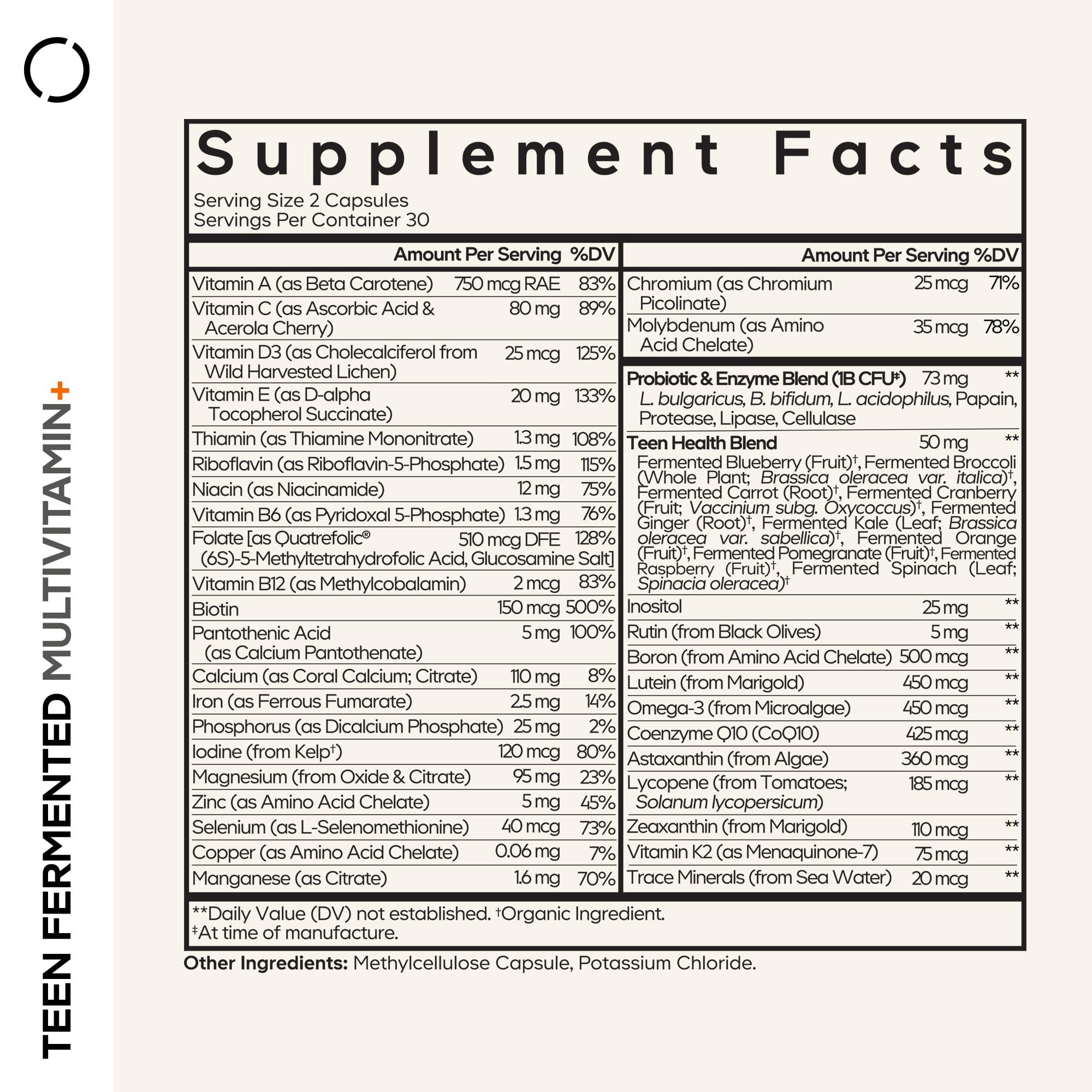 Codeage Teen Multivitamine – capsules près de l’étiquette, prise quotidienne facilitée.