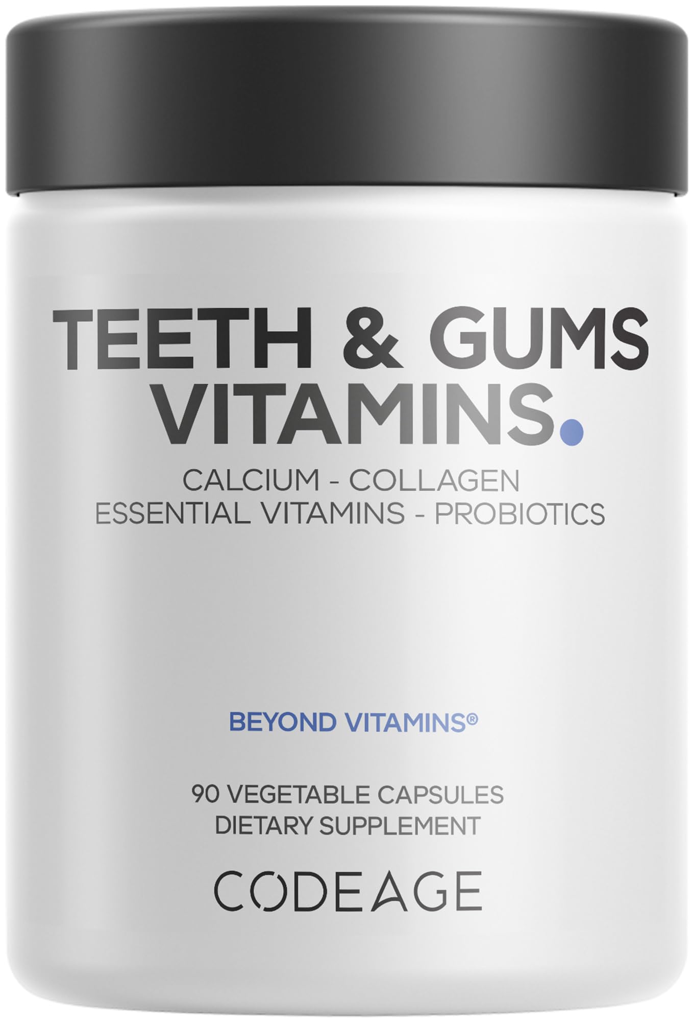 Codeage Teeth & Gums, capsules en bouteille, soutien potentiel à la routine d'hygiène bucco-dentaire.