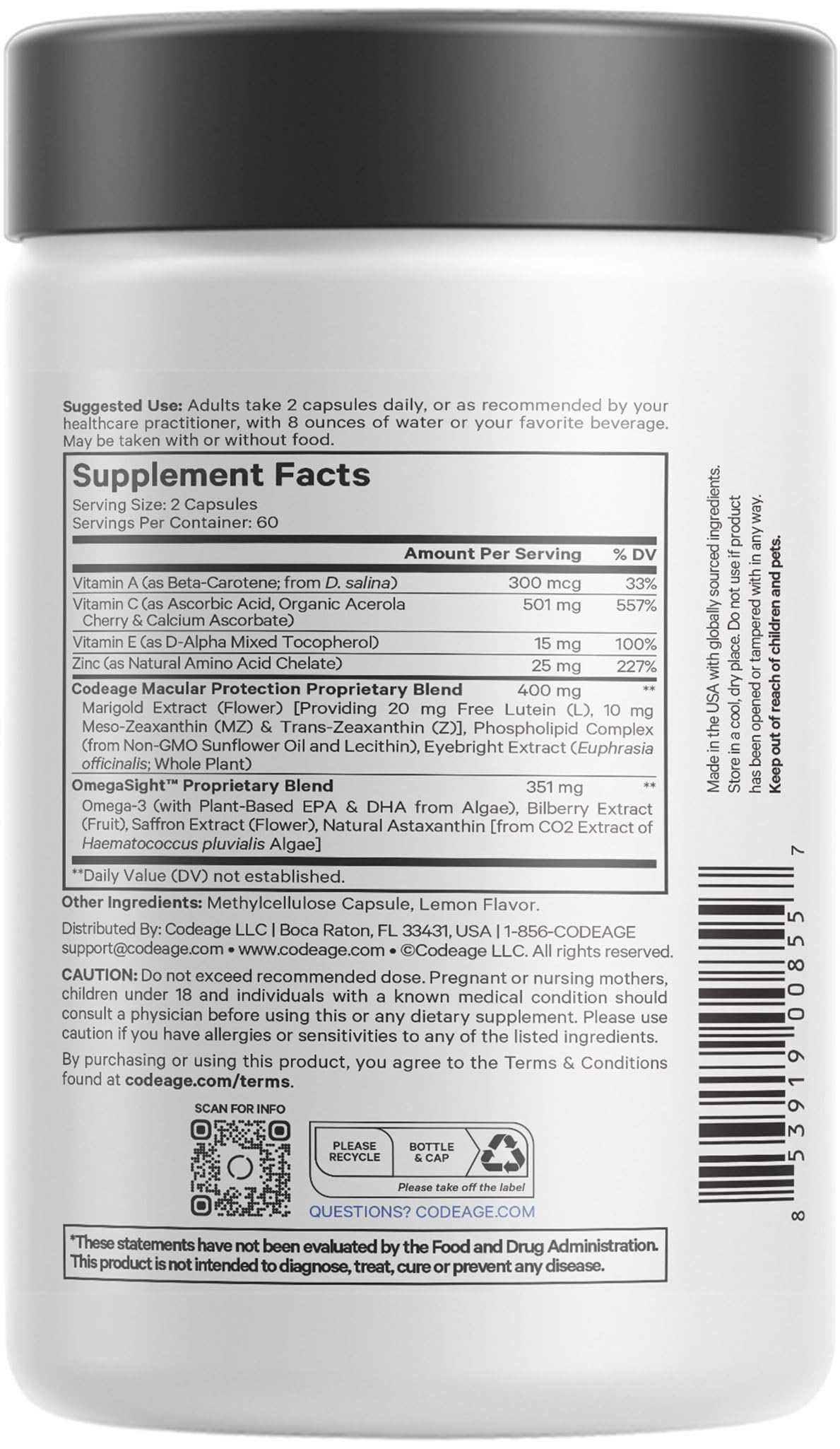 Codeage Vitamines Yeux, capsules faciles a prendre, soutien possible pour la vision.
