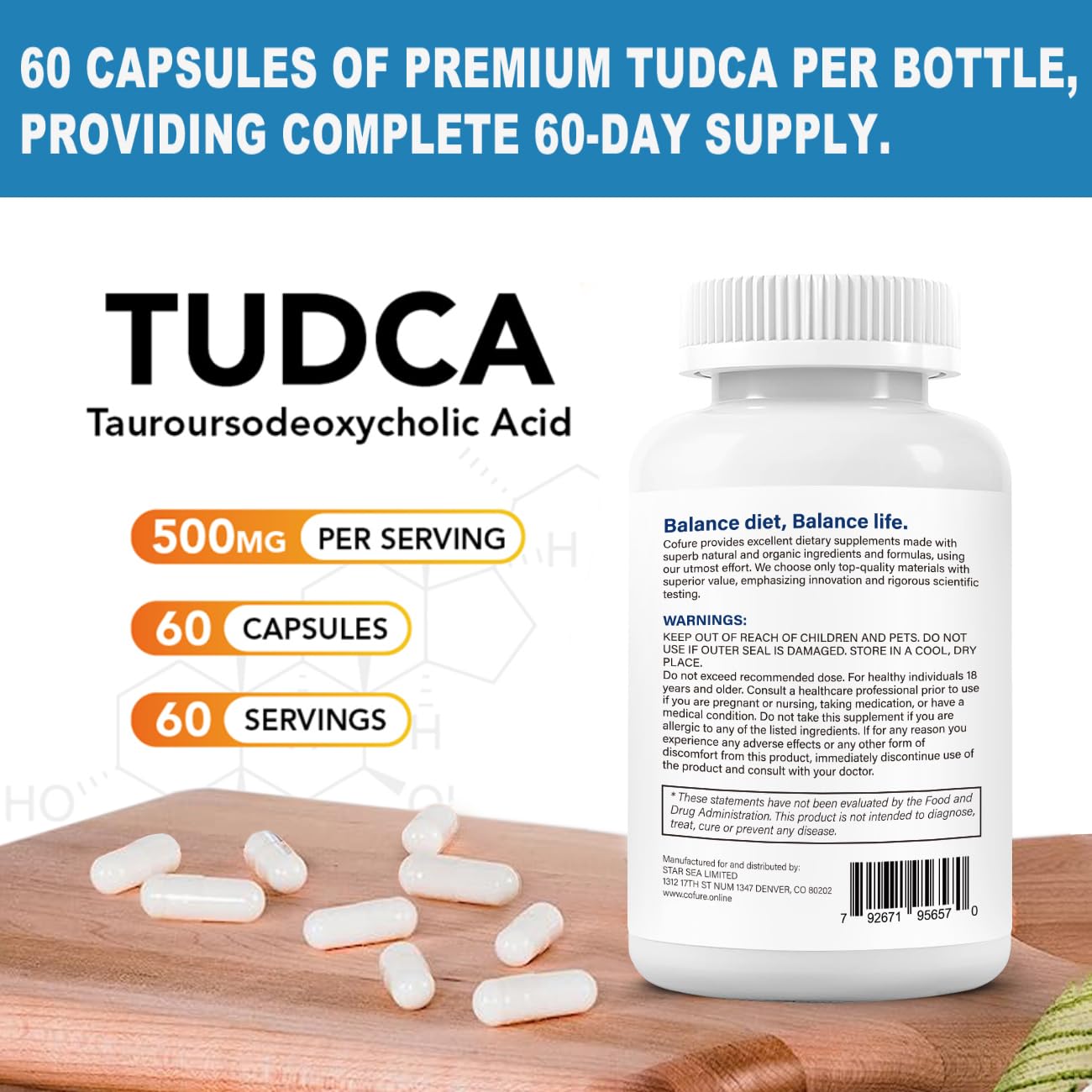 Cofure Tudca – bouchon et capsule faciles à manipuler.
