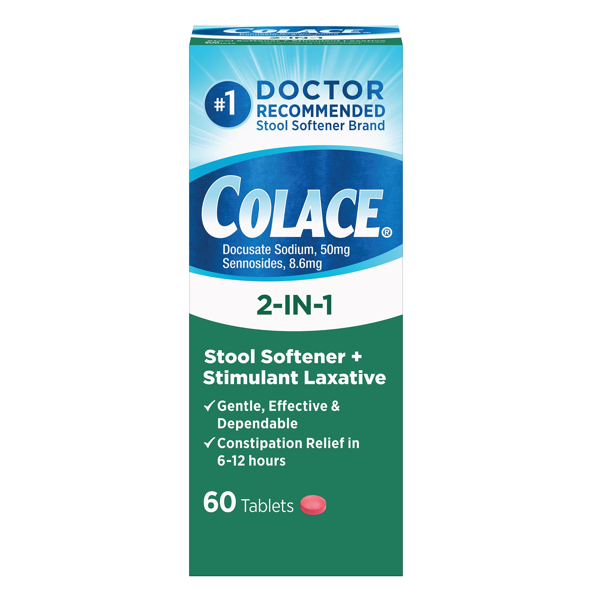 Colace 2-en-1 : emballage pratique pour l'achat rapide.