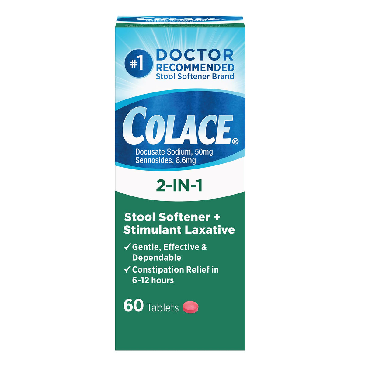 Colace 2-en-1 : emballage pratique pour l'achat rapide.