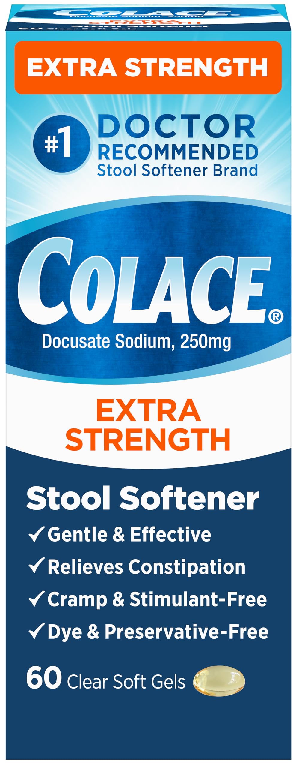 Colace: bouteille amollissant les selles, douceur et passage facilité.