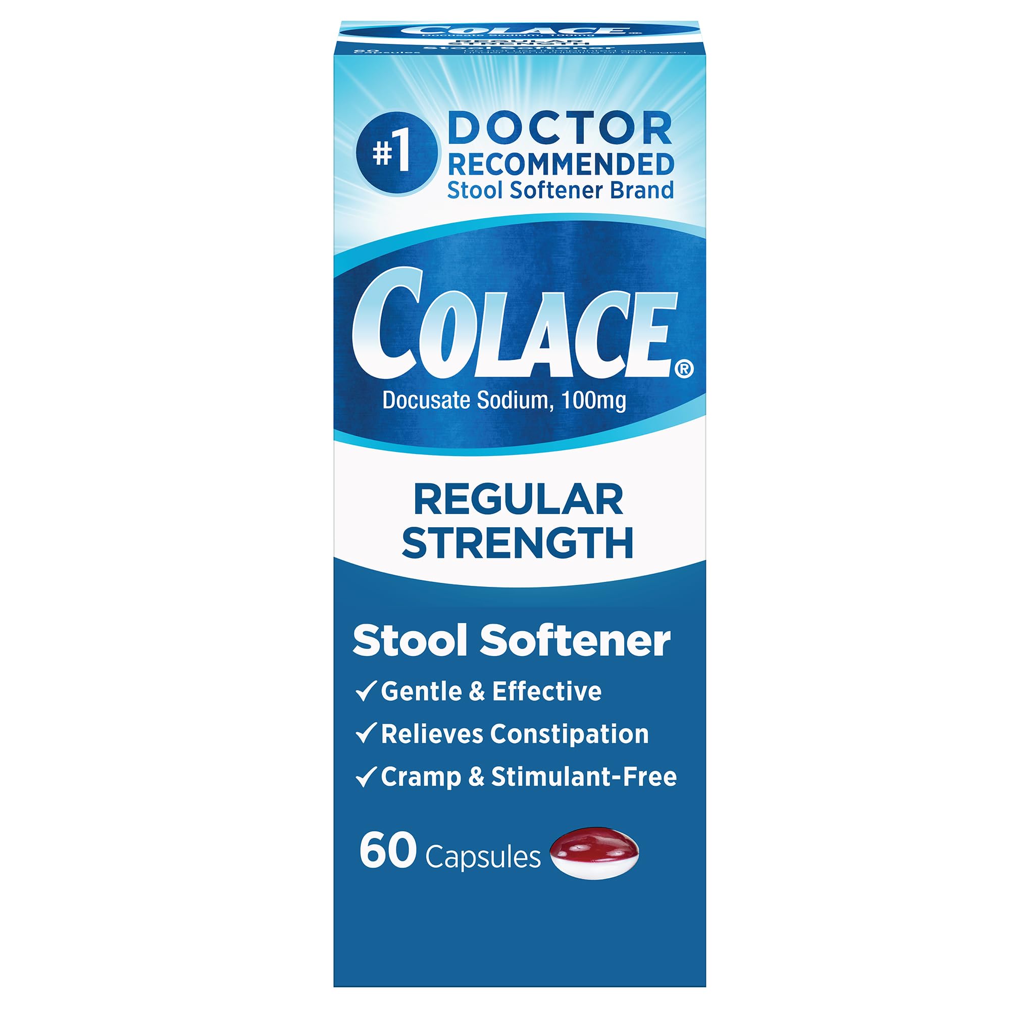 Colace: bouteille contenant des gélules 100 mg facilitant le passage des selles.