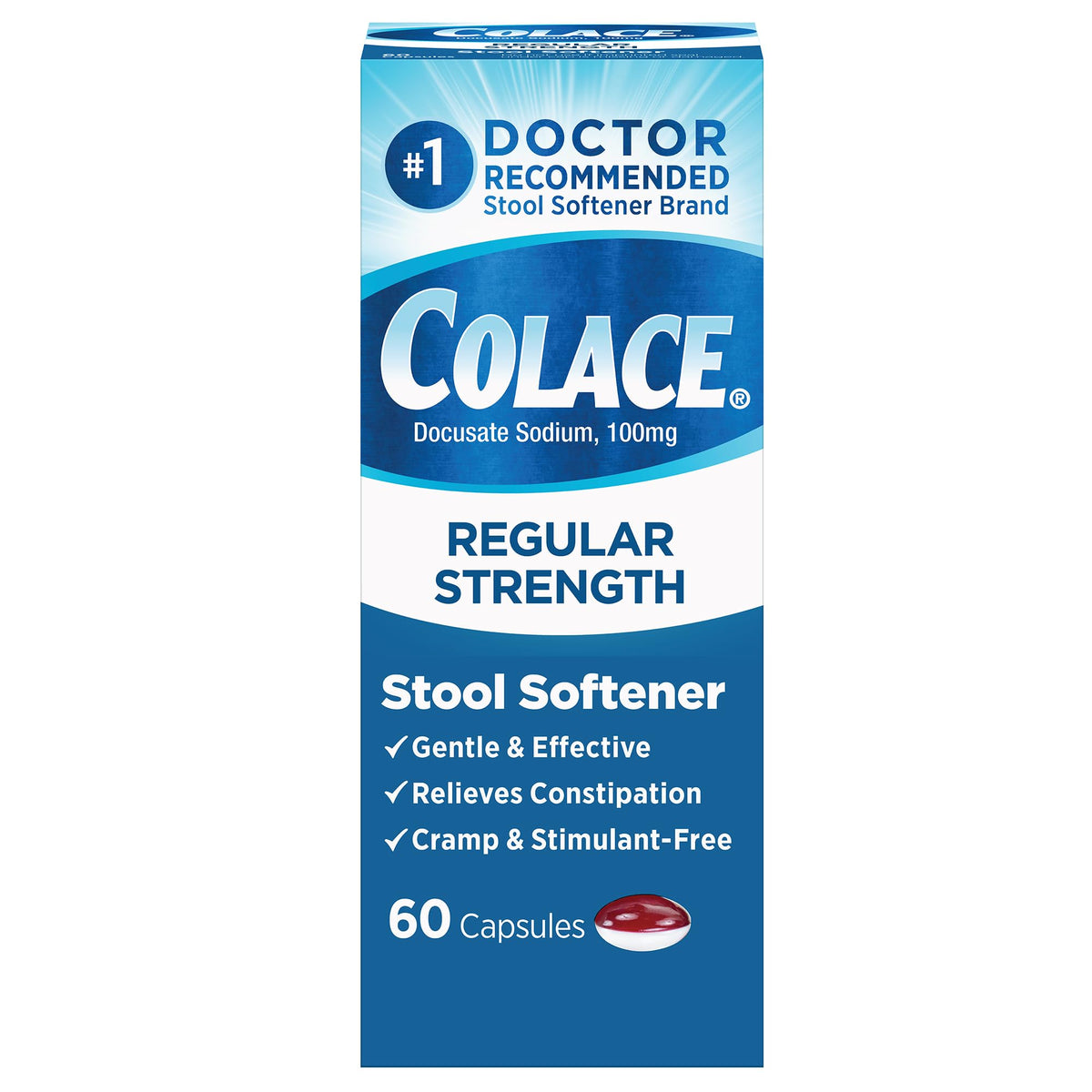 Colace: bouteille contenant des gélules 100 mg facilitant le passage des selles.
