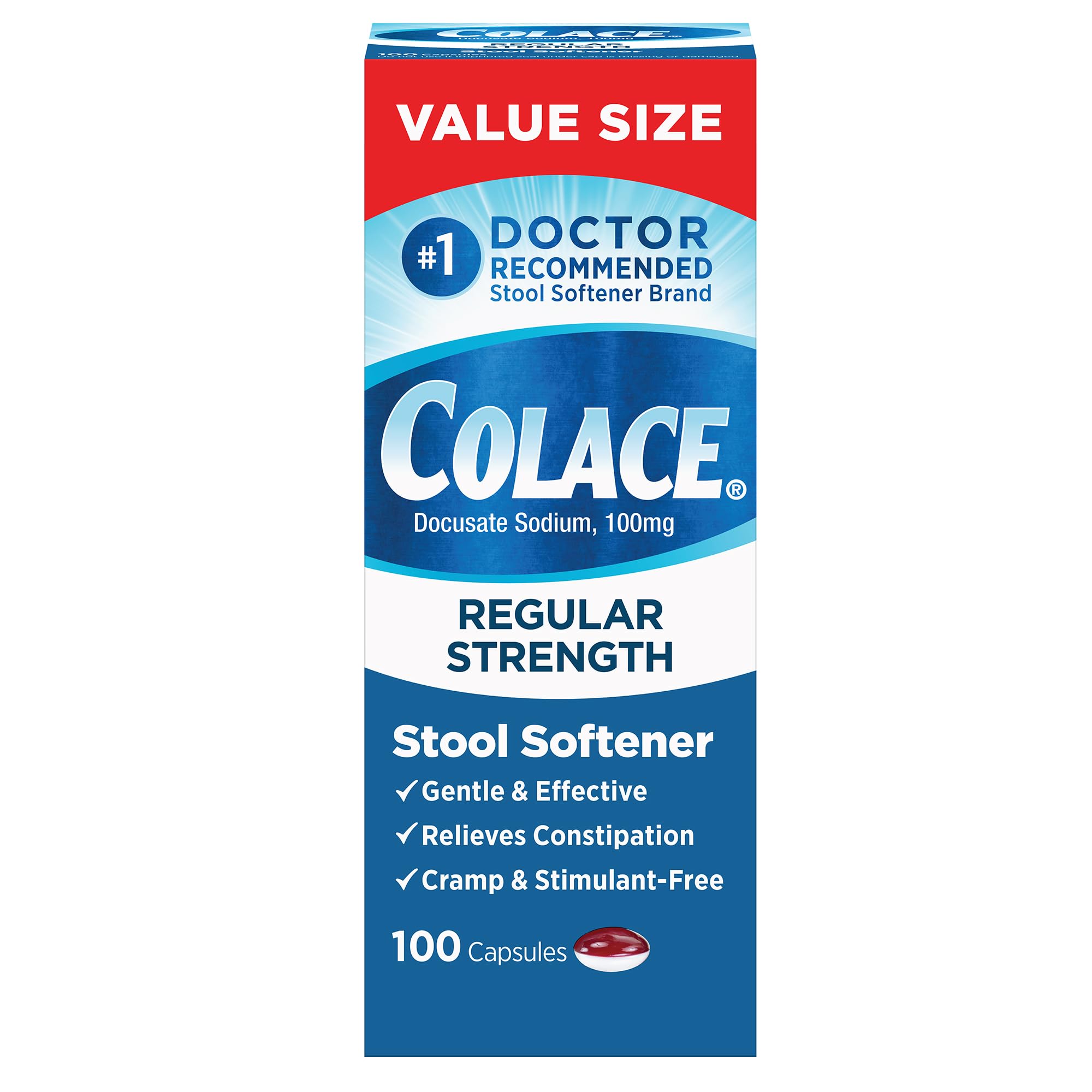 Colace gélules 100 mg en bouteille, douceur pour les selles quotidiennes.