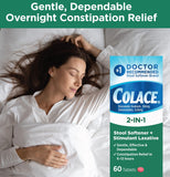 Colace 2-en-1 : comprimés associant émollient et laxatif stimulant.