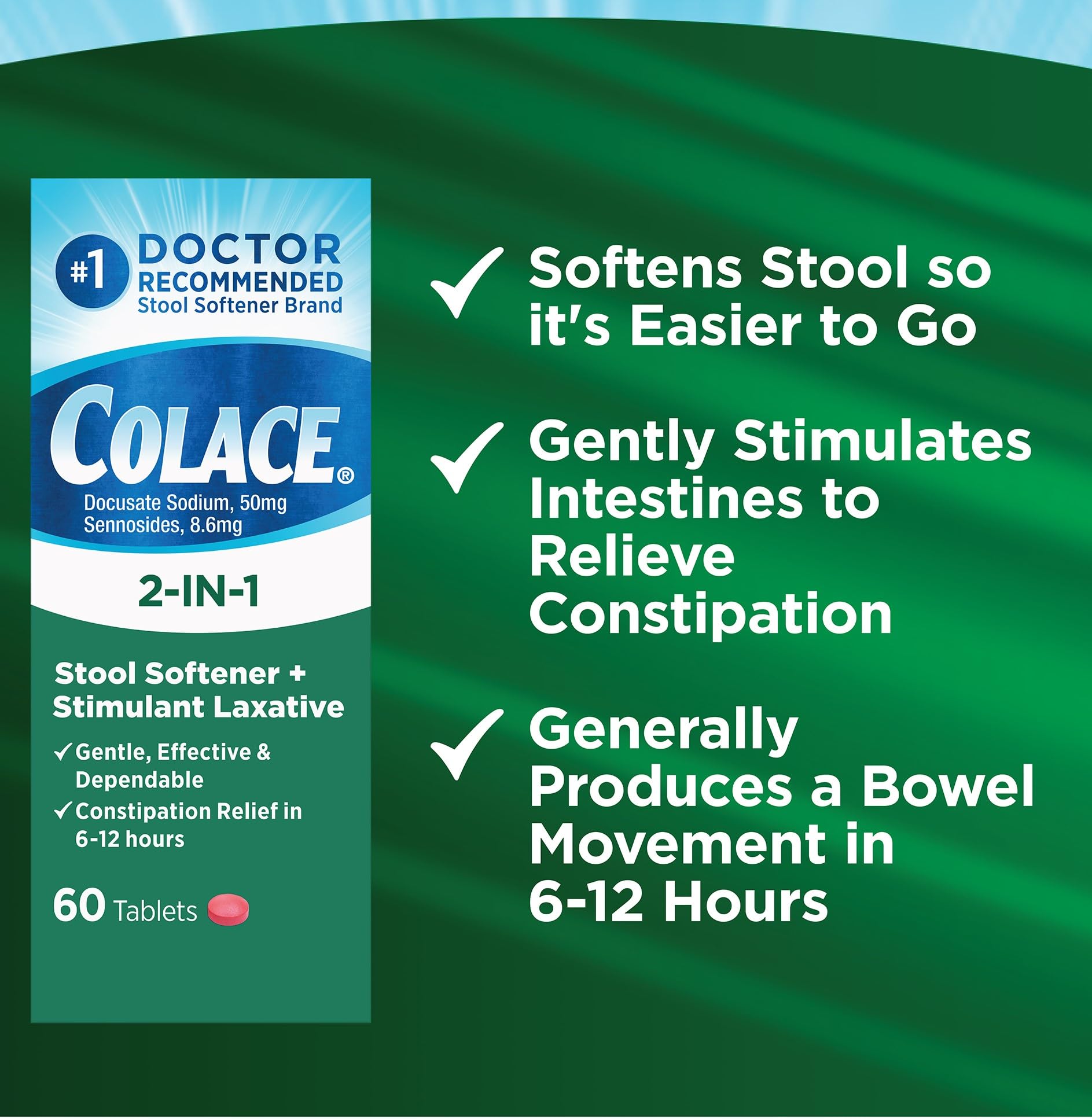 Tablettes Colace 2-en-1 dans un verre d'eau prêt à être pris.
