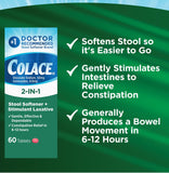 Tablettes Colace 2-en-1 dans un verre d'eau prêt à être pris.