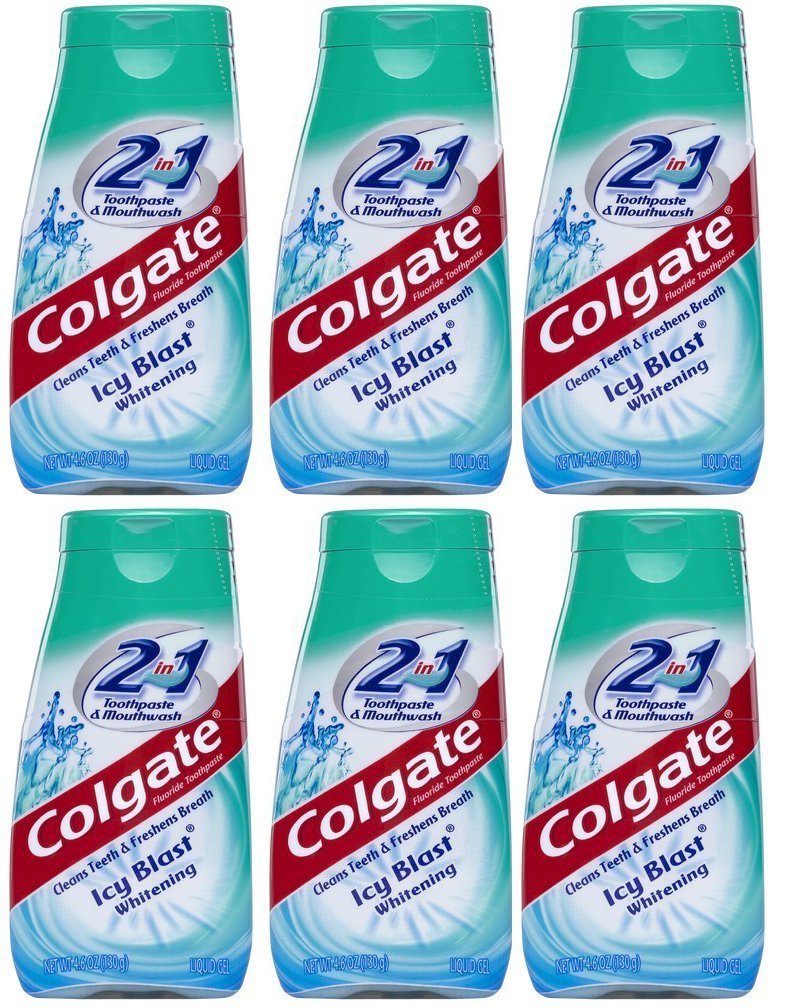 Colgate 2 en 1 emballage six tubes, fraîcheur glaciale pour haleine durable.