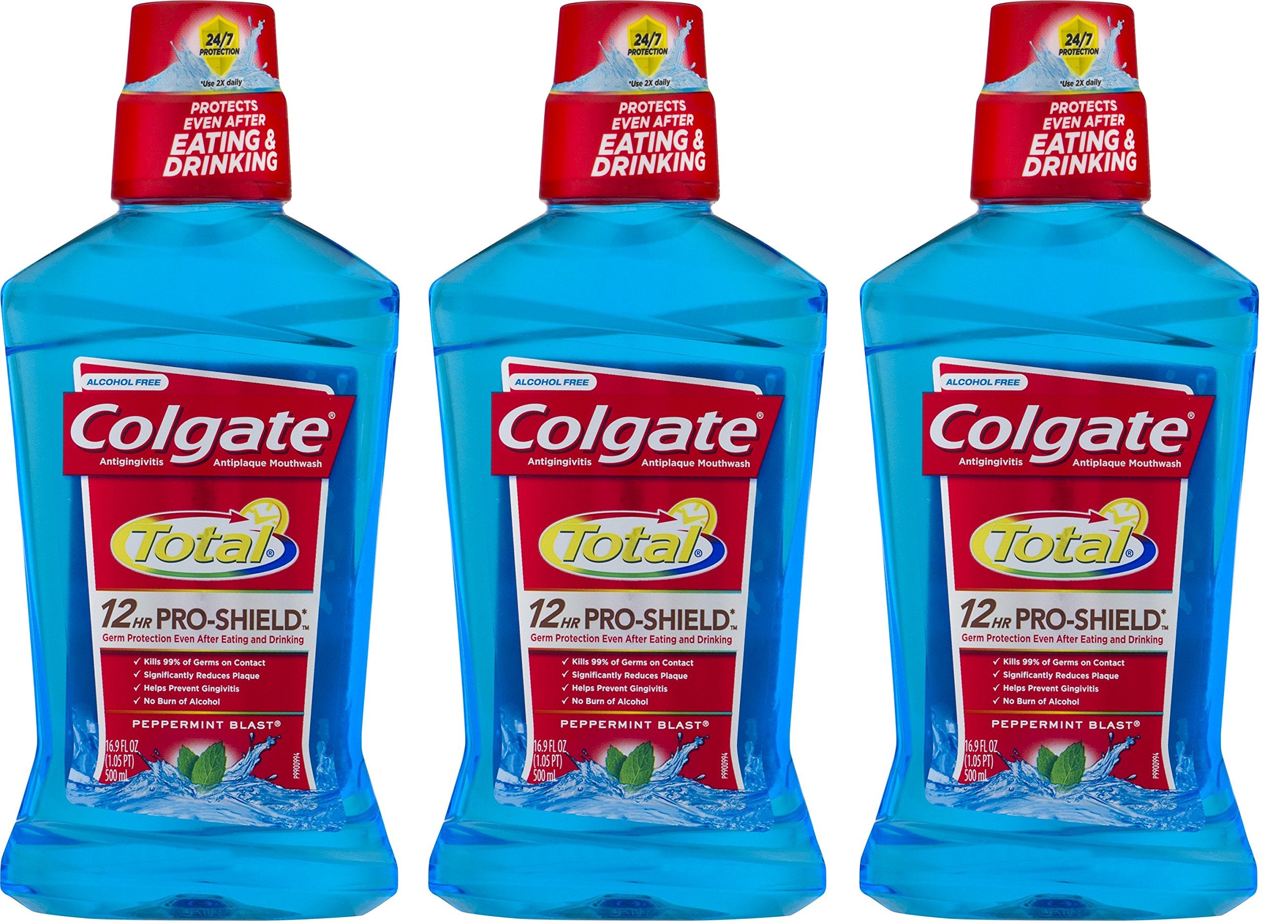 Colgate Advanced Pro-Shield bain de bouche menthe-poivrée, flacon 500 ml pour une haleine fraîche durable.