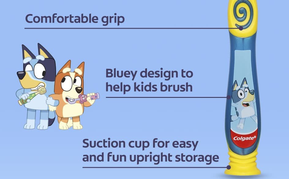 Colgate Bluey: poignée arrondie et prise confortable pour une tenue sûre.