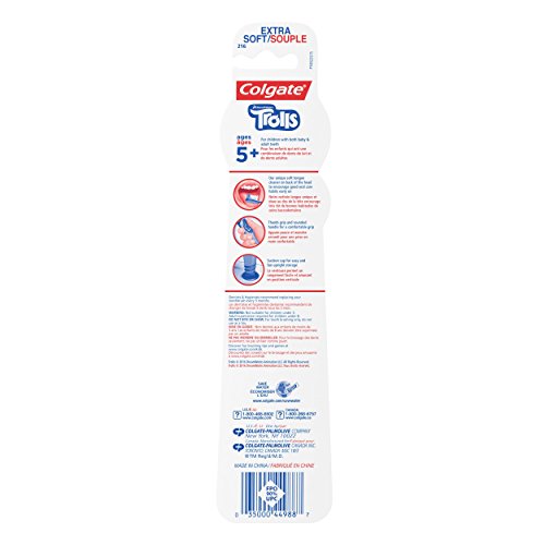 Brosse Colgate Trolls avec ventouse pratique pour rangement vertical.