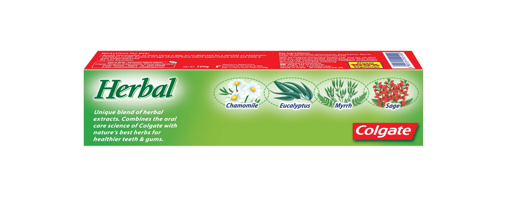 Ingrédients clés Colgate anticaries aux herbes affichés près du tube